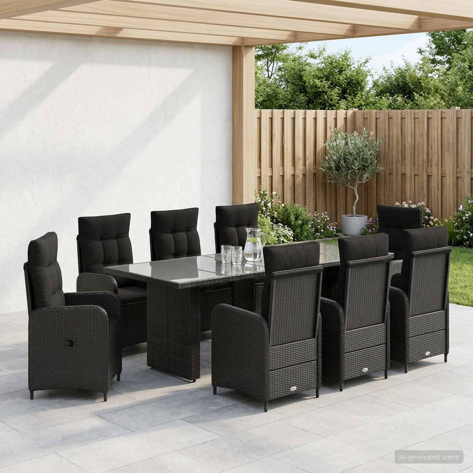 Esszimmer-Garnitur für den Außenbereich mit Glastischplatte und acht schwarzen Rattanstühlen unter einer überdachten Pergola, neben einem eingezäunten Garten.