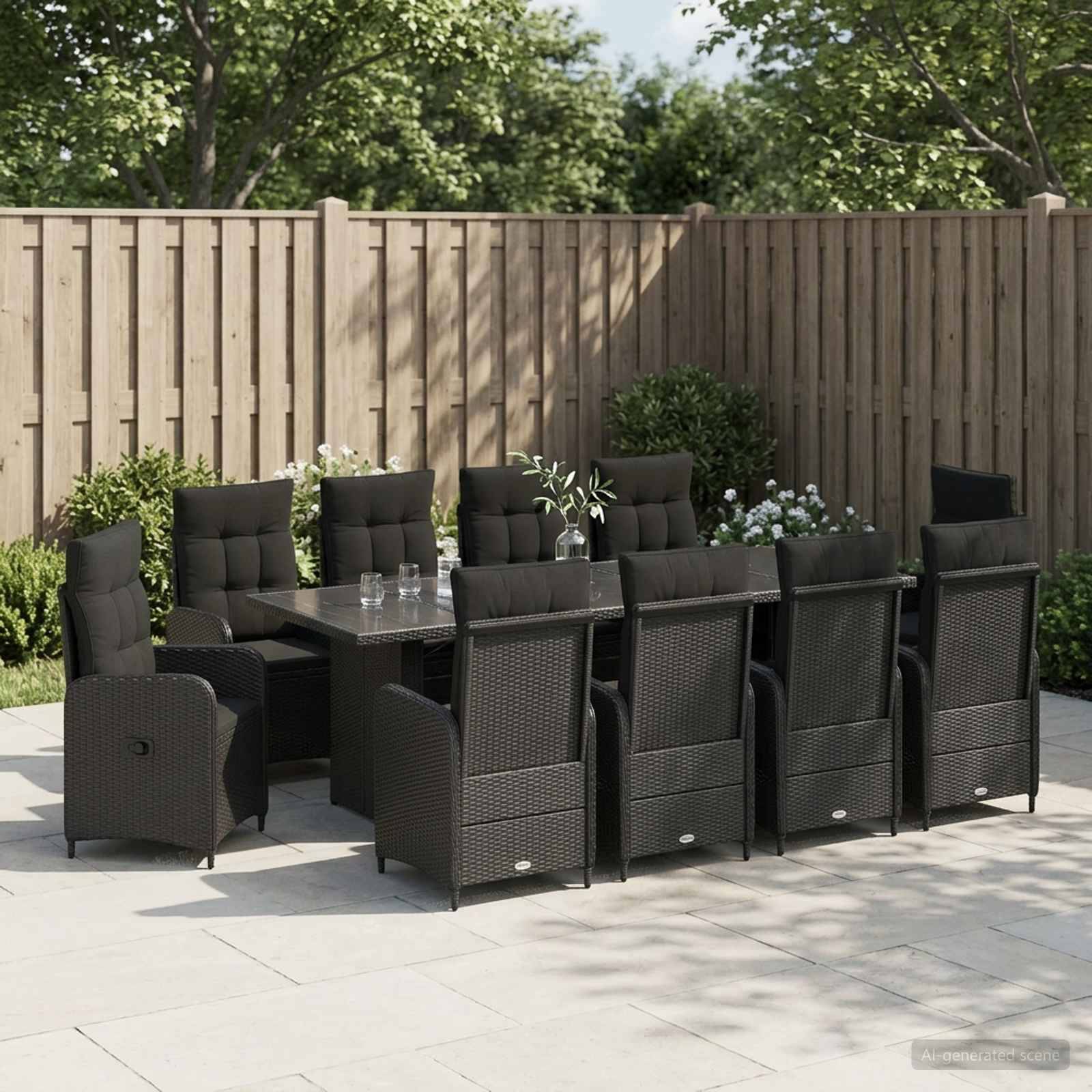 Esszimmer für Außenterrasse mit schwarz gepolsterten Korbstühlen um einen rechteckigen Tisch auf einer Steinveranda, neben einem Holzzaun und Gartengrün.