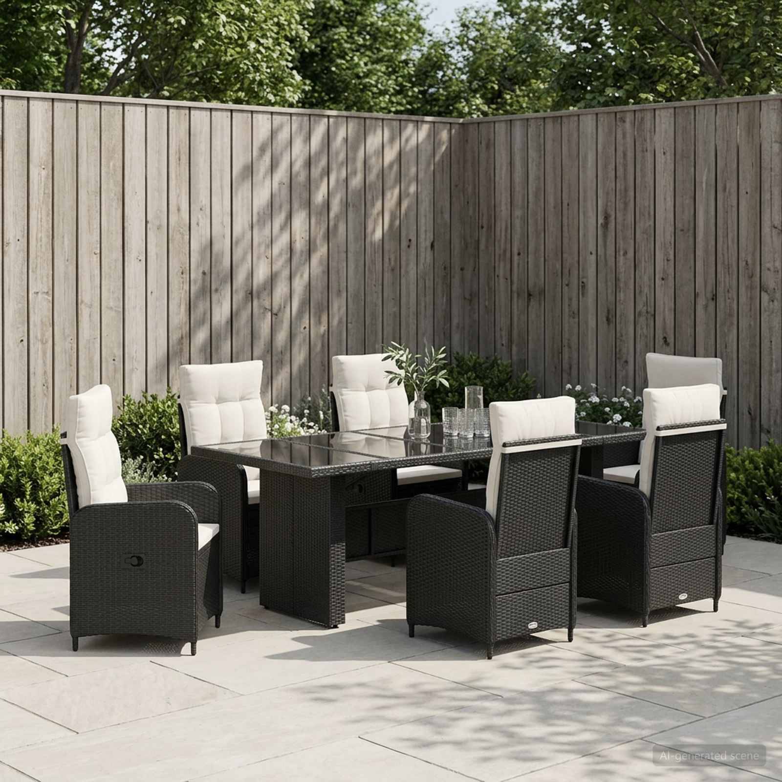 Esszimmergarnitur für die Terrasse im Freien mit sechs schwarzen Korbstühlen und einem Tisch mit Glastischplatte auf einer gefliesten Terrasse neben einem Holzzaun und Grünflächendekorationen.