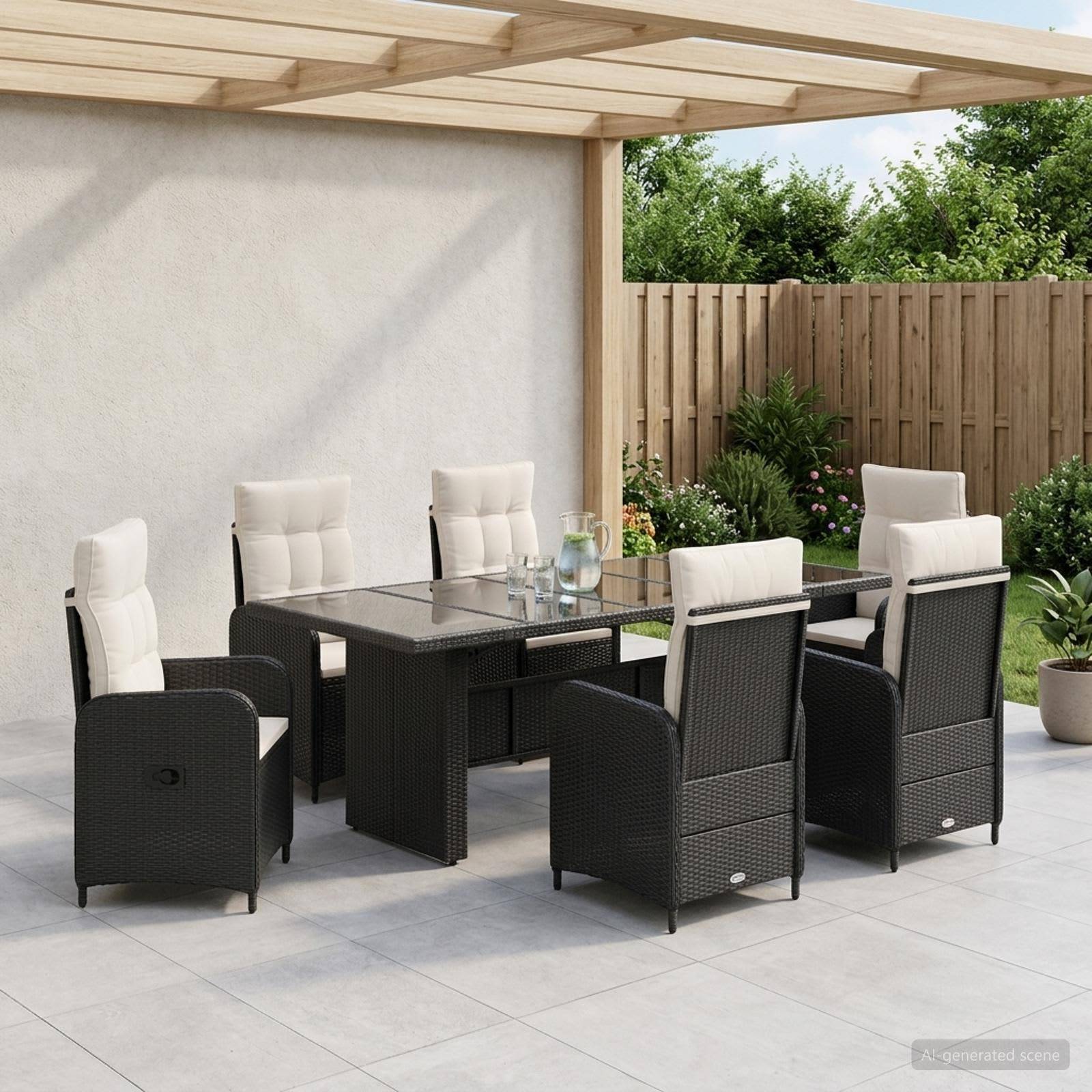 Esszimmer-Set für die Terrasse im Freien mit sechs schwarzen Rattanstühlen und einem Tisch mit Glastischplatte unter einer Pergola, neben einem eingezäunten Garten.