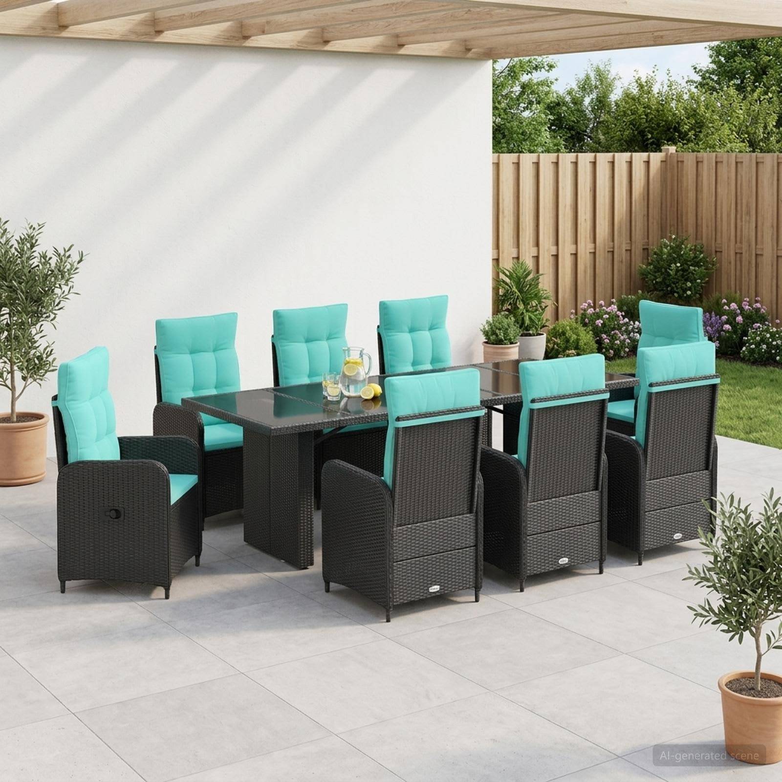 Essbereich im Freien mit schwarzen geflochtenen Stühlen und aquamarinefarbenen Kissen um einen Tisch mit Glasplatte unter einer Pergola, auf einer gekachelten Terrasse mit Topfpflanzen.