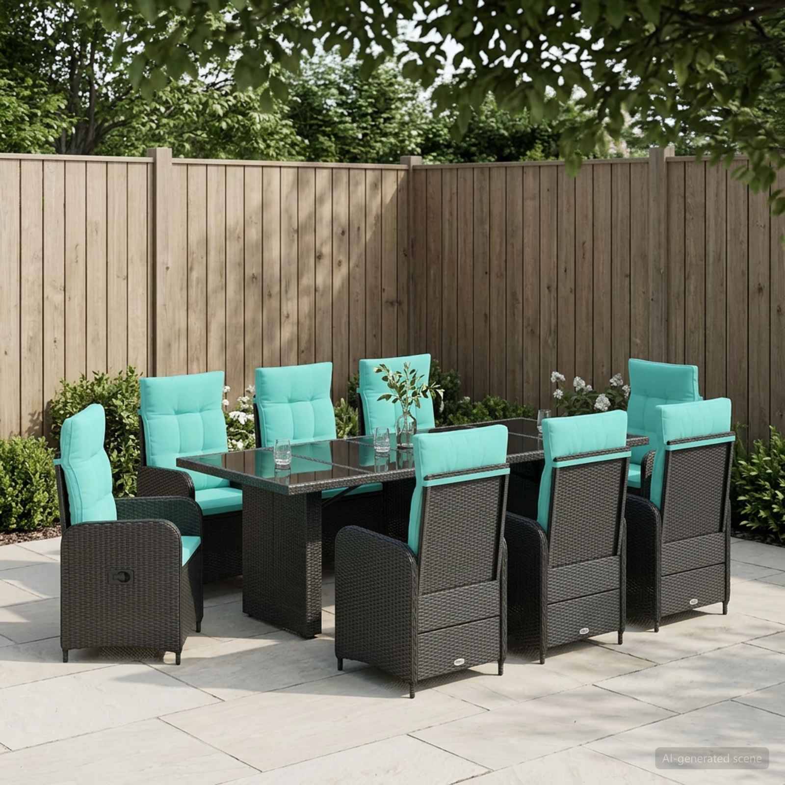 Gartenmöbel-Set für die Terrasse mit einem Glastisch und acht schwarzen Rattanstühlen mit türkisen Kissen, angeordnet auf einer Steinterrasse neben einem Holzzaun.