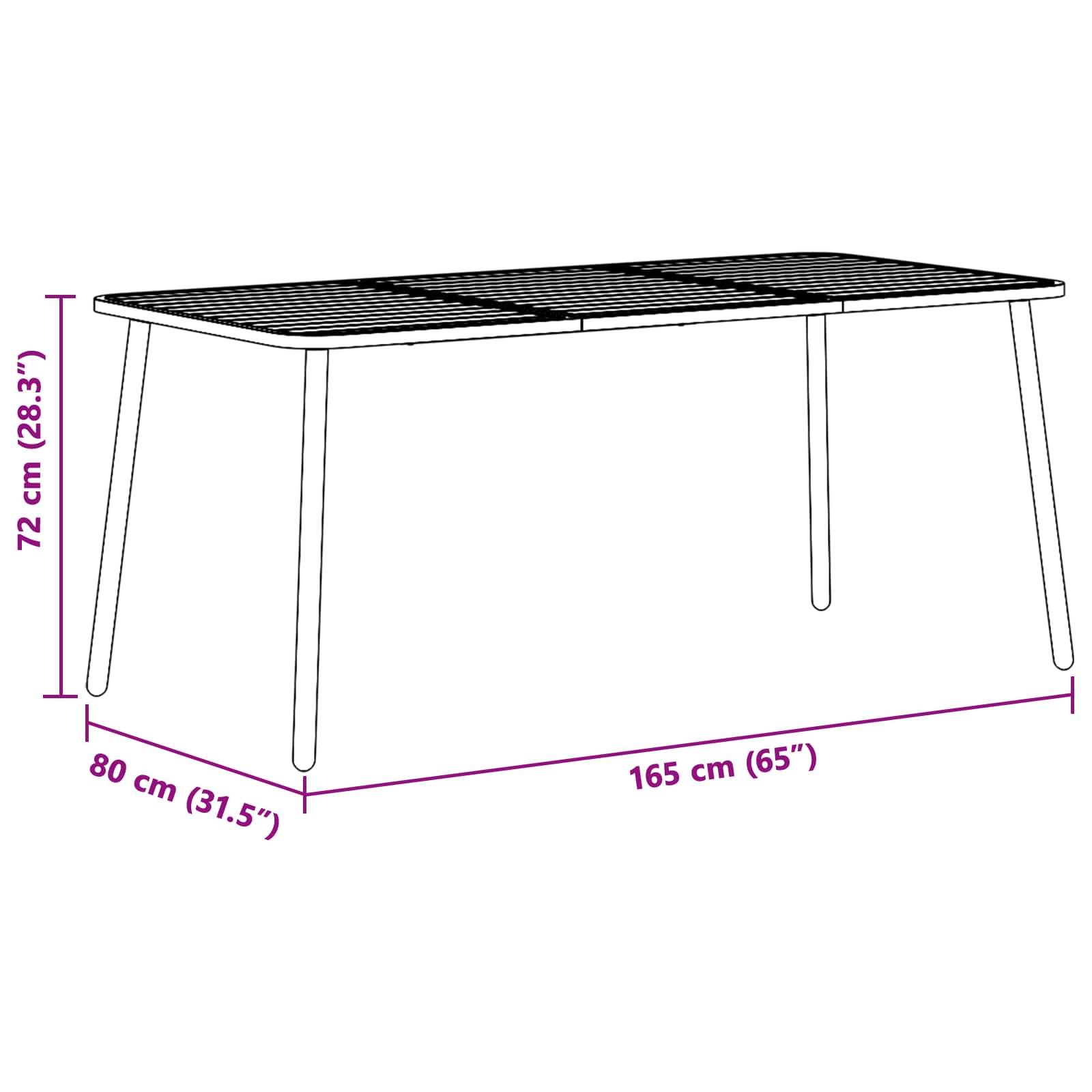 Strichzeichnung eines rechteckigen Tisches mit den Abmessungen: 165 cm lang, 80 cm breit und 72 cm hoch.