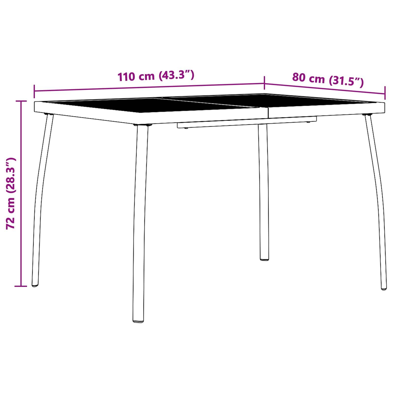 Illustration eines rechteckigen Tisches mit beschrifteten Abmessungen: 110 cm x 80 cm und 72 cm Höhe.