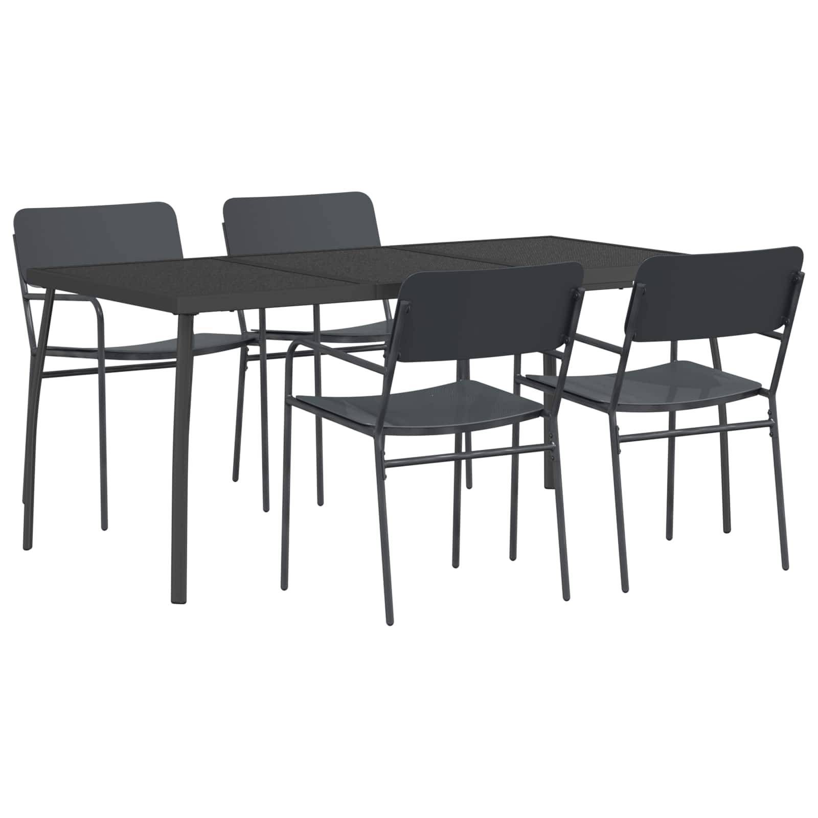 Dunkelgraues Gartenmöbel-Set für den Außenbereich mit einem rechteckigen Tisch und vier passenden Stühlen auf weißem Hintergrund.