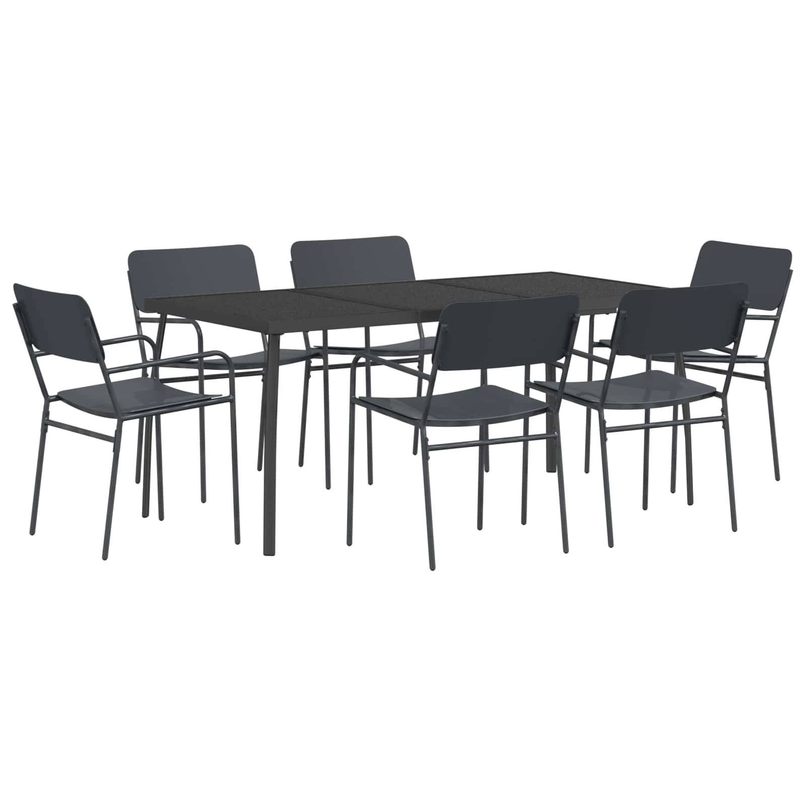 Schwarzer rechteckiger Tisch mit sechs passenden schwarzen Stühlen auf weißem Hintergrund, zeigt ein modernes Esszimmer-Set für den Außenbereich.