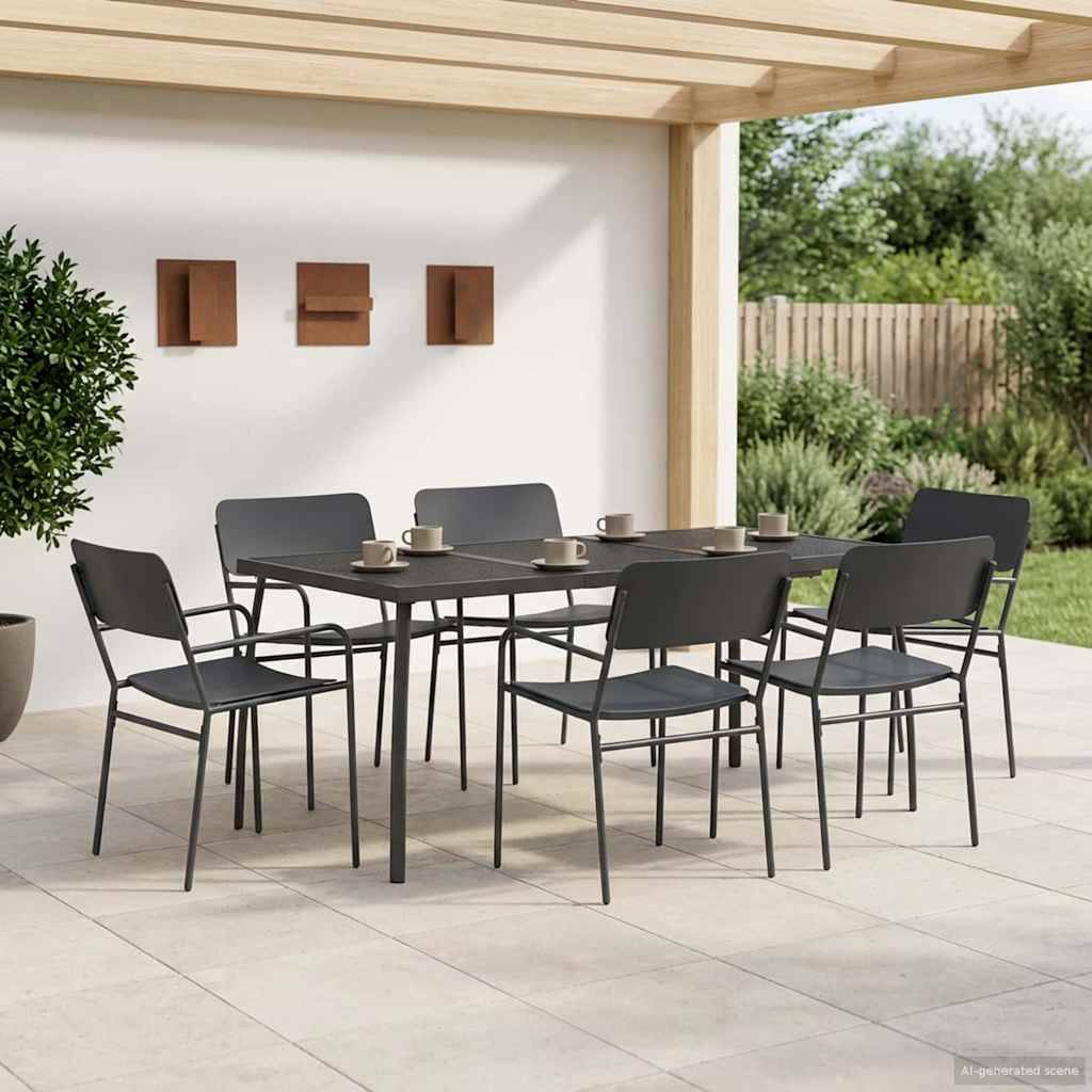 Modernes Außenbereich-Esszimmer-Set mit schwarzem Tisch und sechs Stühlen unter einer überdachten Pergola, aufgestellt auf einer gefliesten Terrasse mit Gartenblick.
