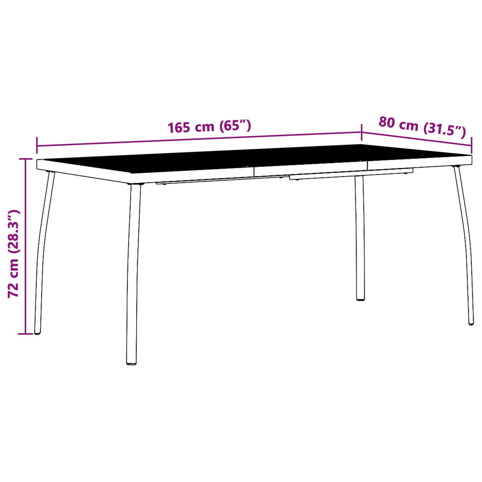 Diagramm eines rechteckigen Tisches mit Abmessungen: 165 cm lang, 80 cm breit und 72 cm hoch.