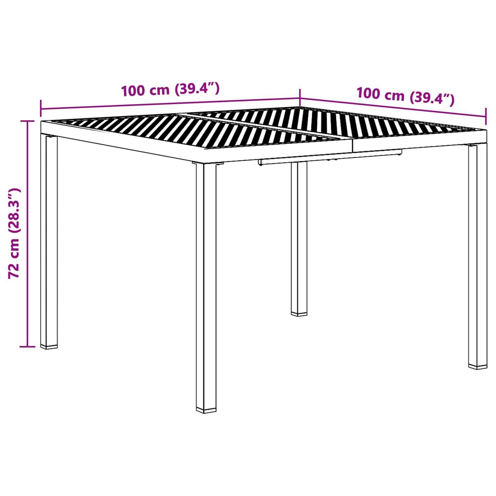 Diagramm eines quadratischen Terrassentisches mit lattenförmiger Oberfläche, beschriftet 100 cm x 100 cm und 72 cm hoch.