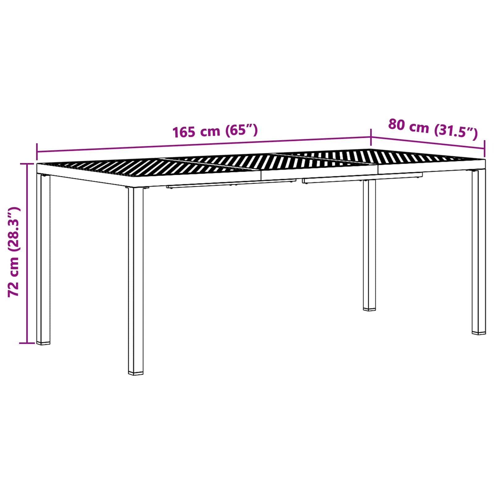 Strichzeichnung eines rechteckigen Tisches mit Abmessungen: 165 cm (65