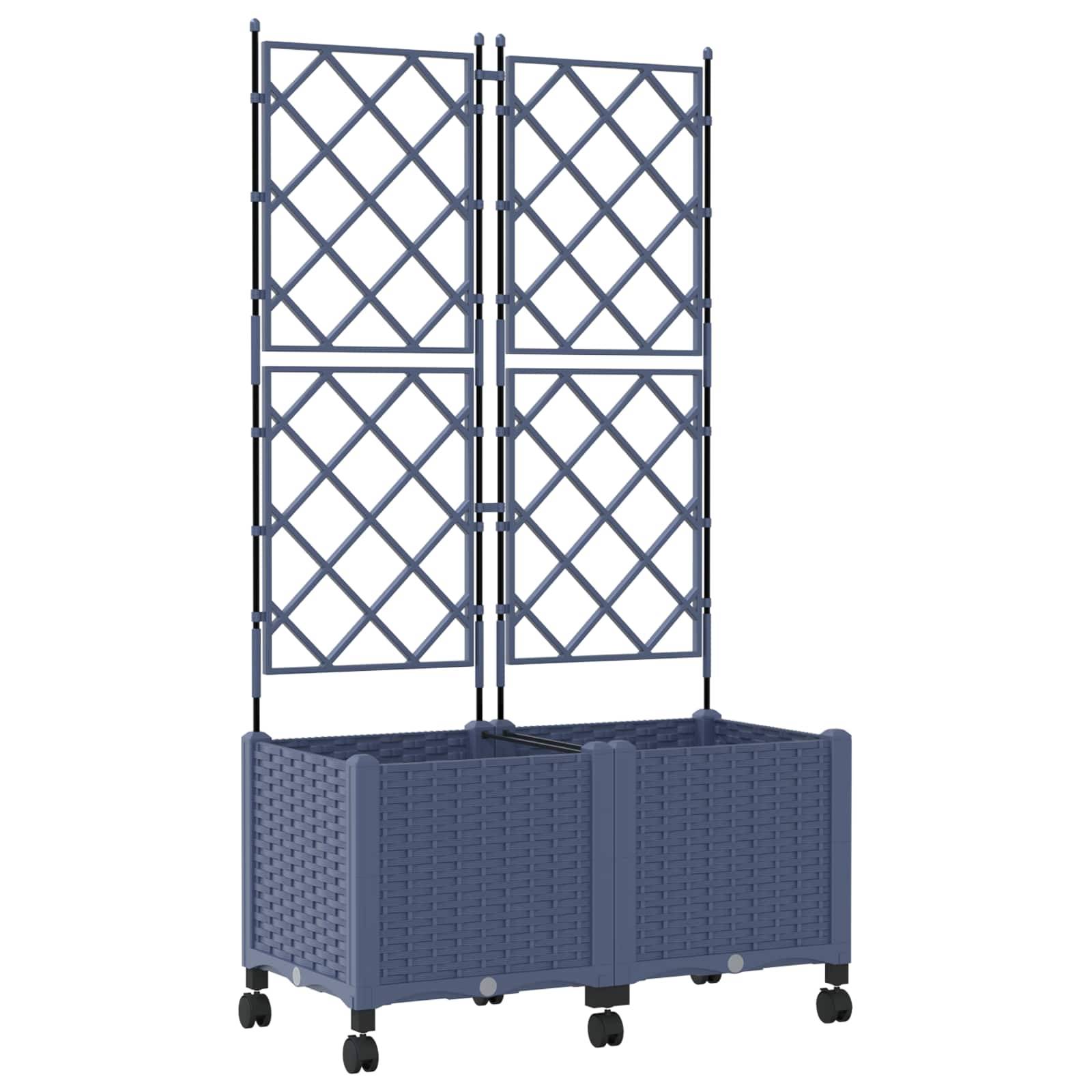Blauer Pflanzkübel mit Rädern und vier Gitterlattice-Spalieren zur Unterstützung von Kletterpflanzen