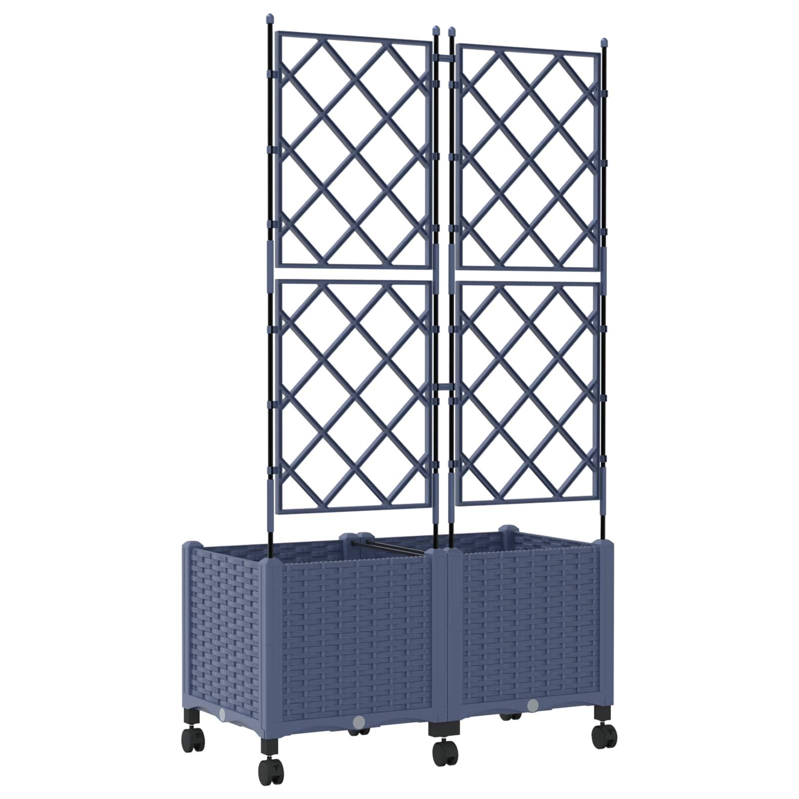 Blauer Pflanzkasten mit Rädern und zwei hohen Spalier-Rankhilfen zur Unterstützung von Kletterpflanzen.