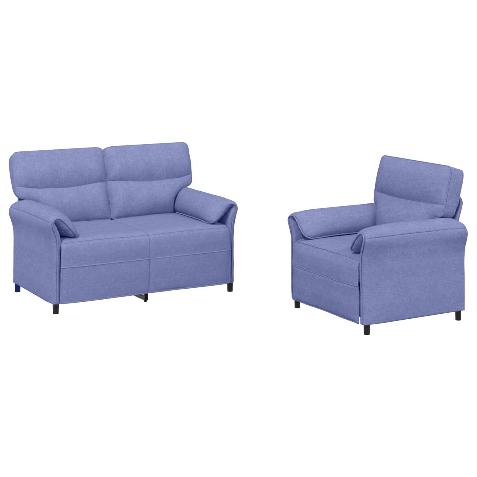 Blaugepolstertes Sofa und passender Sessel auf weißem Hintergrund, mit kompaktem modernem Design mit gepolsterten Rückenlehnen und Armlehnen.