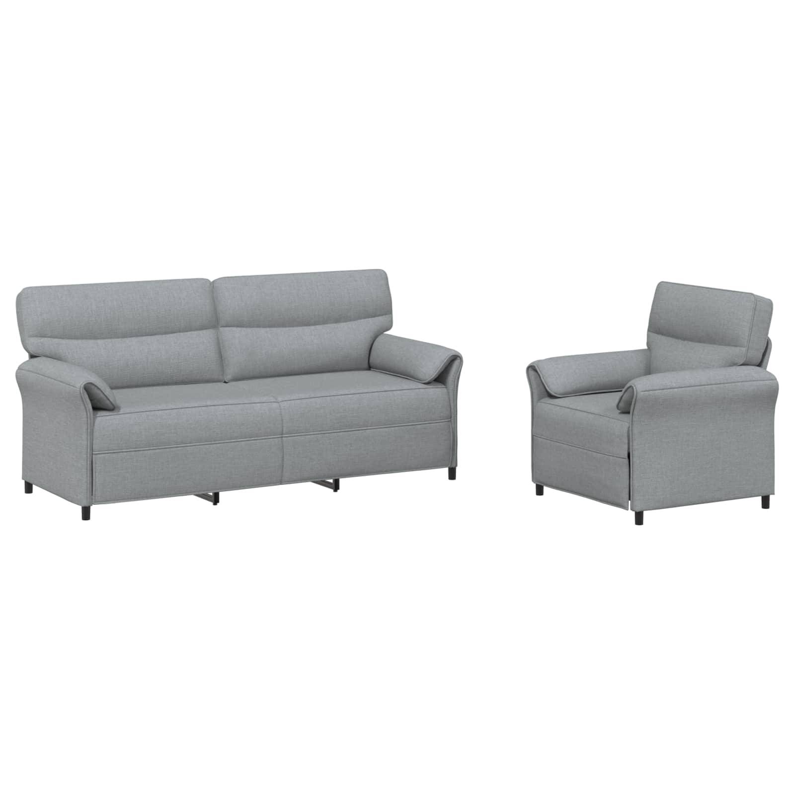 Grau gepolstertes Schlafsofa mit einem passenden Sessel auf weißem Hintergrund gezeigt.