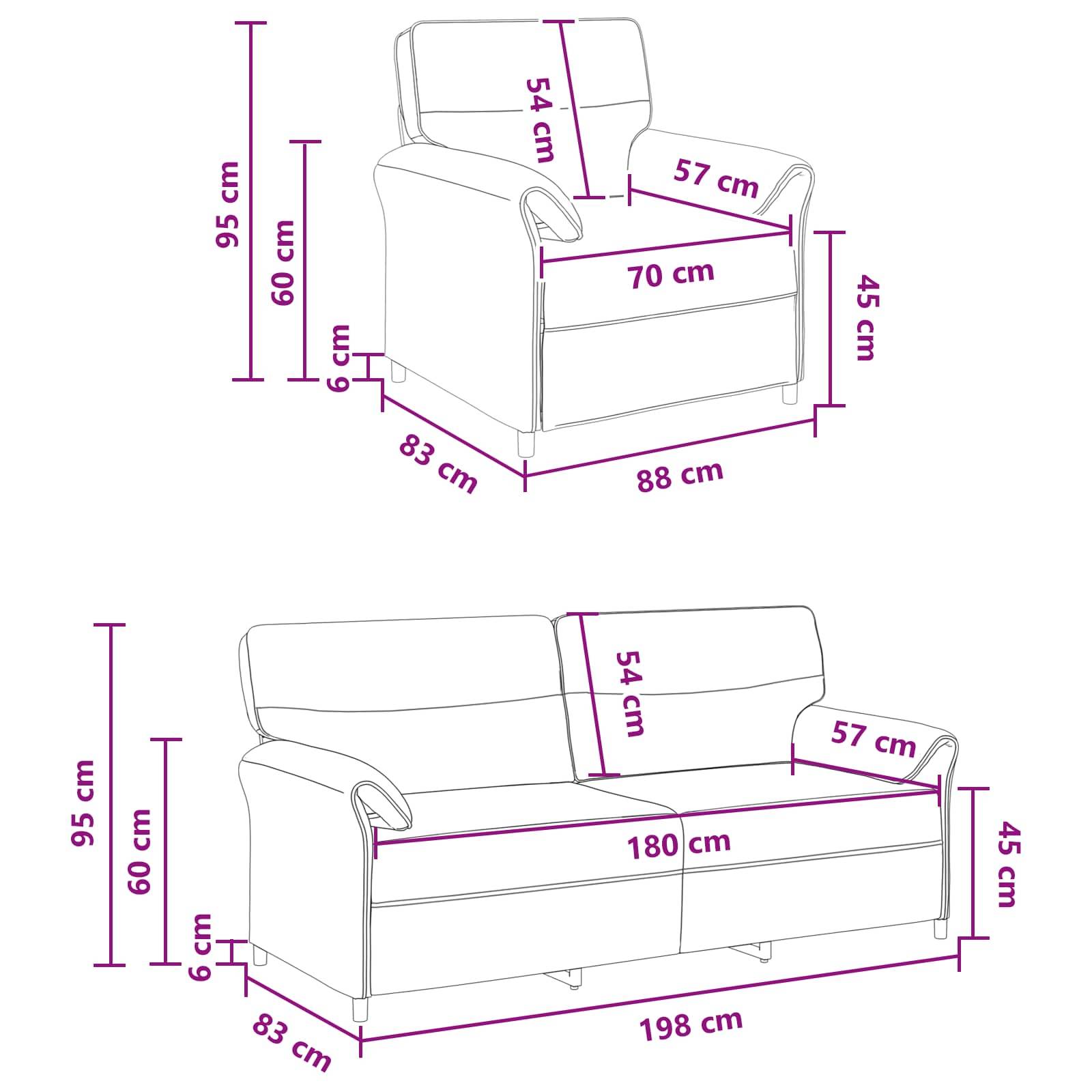 Bemaßte Skizze eines Sessels und eines passenden Sofas mit Angaben von Breiten, Tiefen, Höhen und Sitzdimensionen in Zentimetern.