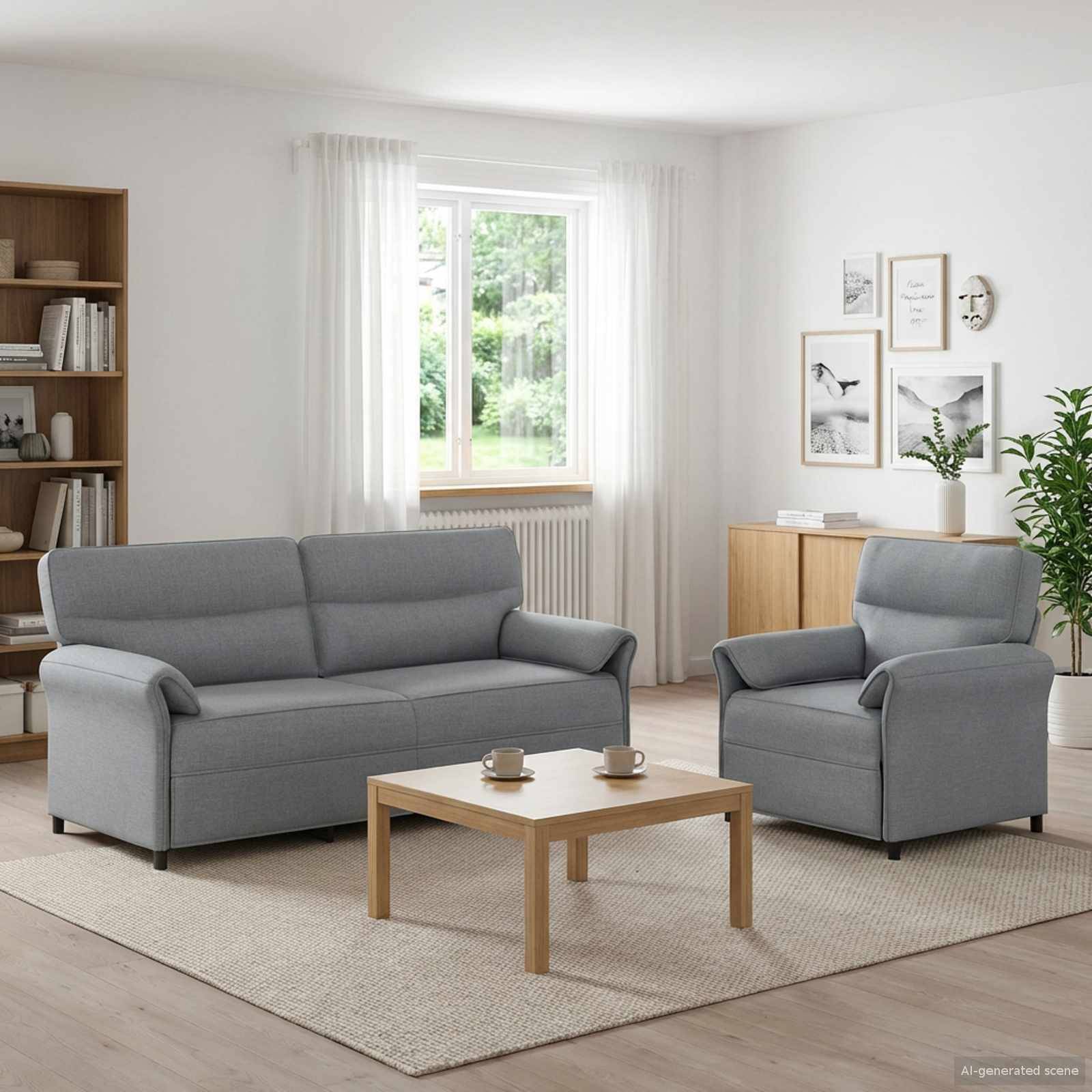 Modernes Wohnzimmer mit grauem Sofa und Sessel, Holz-Couchtisch, Teppich, Bücherregal, Fenster und Wandkunst.