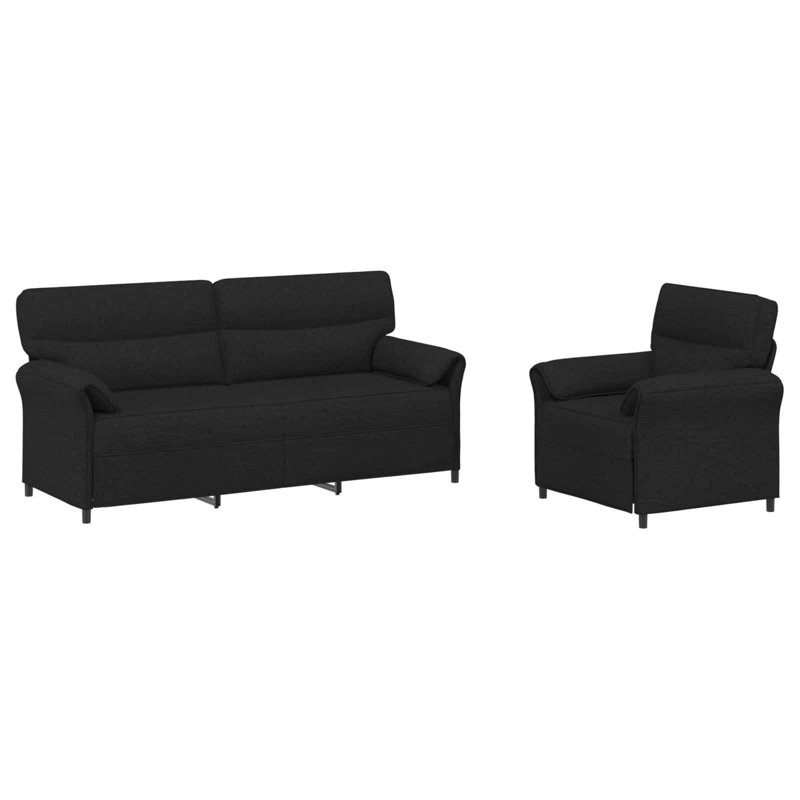 Schwarzes Sofagarnitur mit einem Dreisitzer-Sofa und passendem Sessel auf weißem Hintergrund.