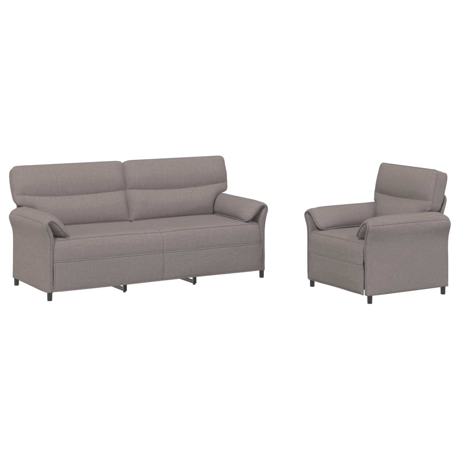 Graues gepolstertes Sofa und passender Sessel auf weißem Hintergrund gezeigt.