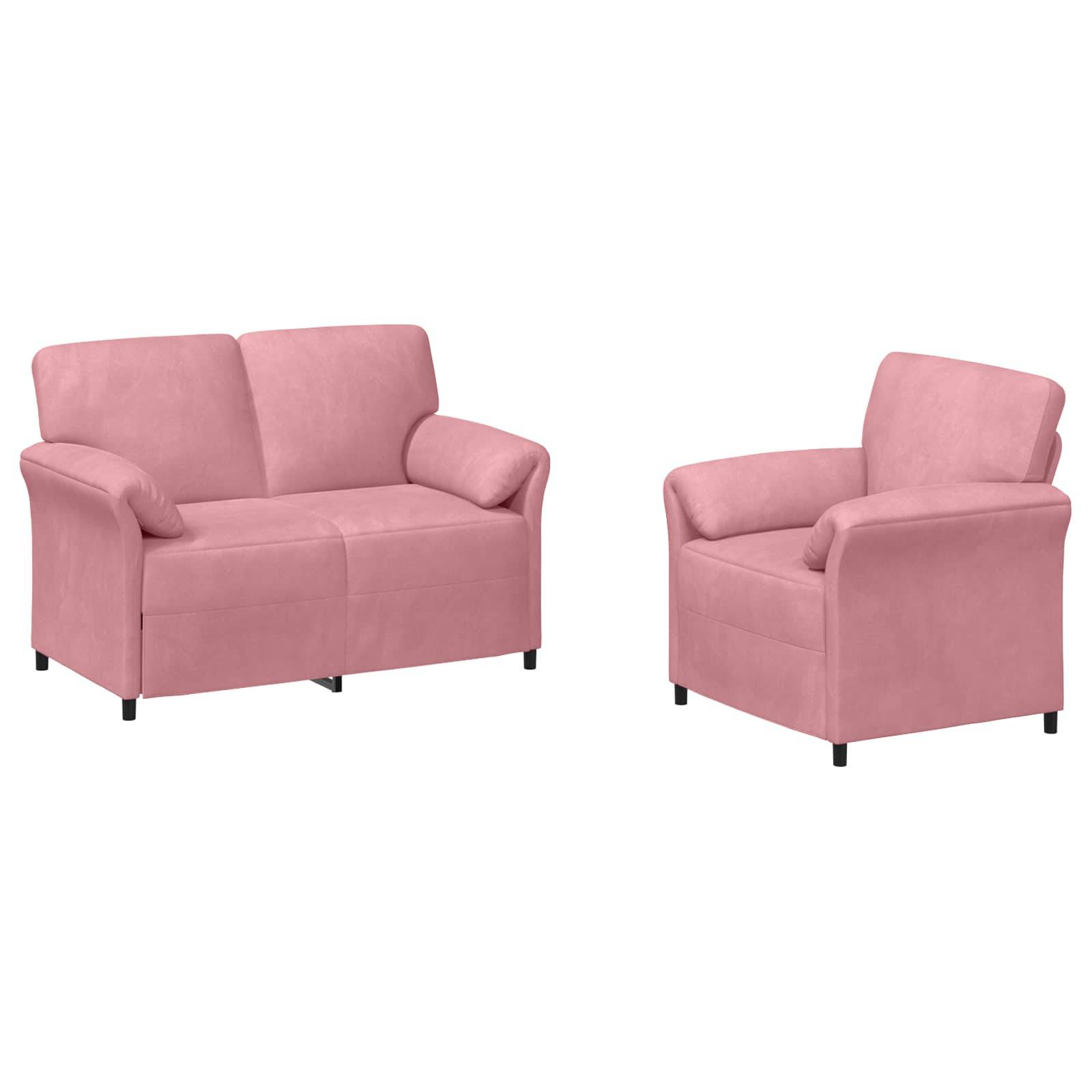 Rosa gepolsterte Zweiercouch und passender Sessel auf weißem Hintergrund.