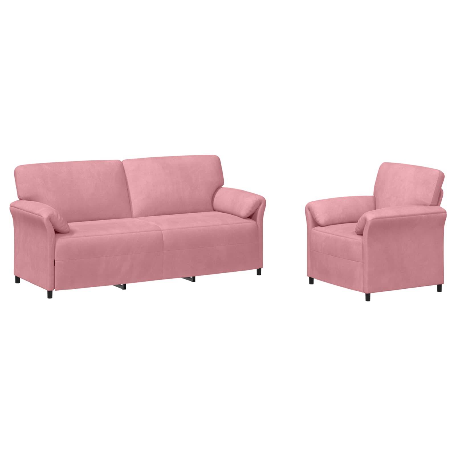 Rosa gepolstertes Sofaset mit einem Zweisitzer-Sofa und passendem Sessel auf weißem Hintergrund.