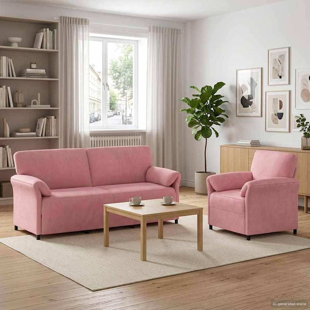 Rosa Sofa- und Sessel-Set in einem hellen Wohnzimmer mit Couchtisch, Teppich, Pflanze und Wandkunst.