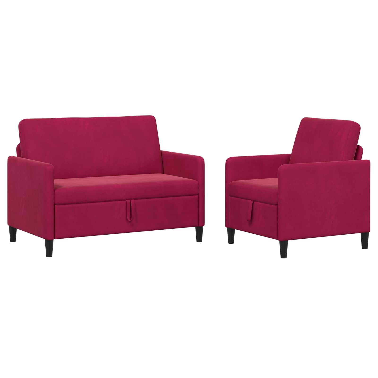 Magenta gepolstertes Schlafsofa aus front- und seitenansicht auf weißem hintergrund.