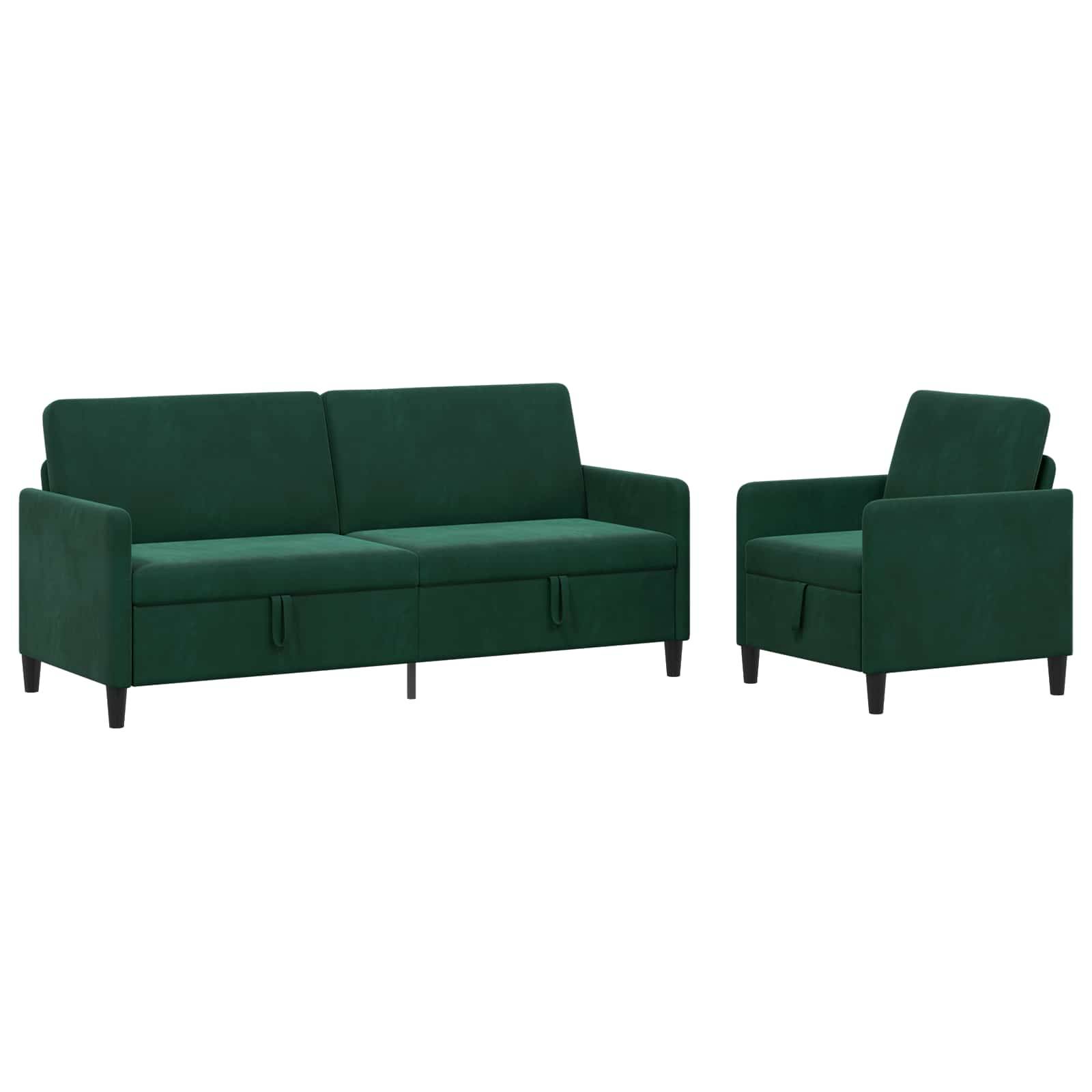Dunkelgrünes gepolstertes Sofa und passender Sessel mit schwarzen Beinen auf weißem Hintergrund.