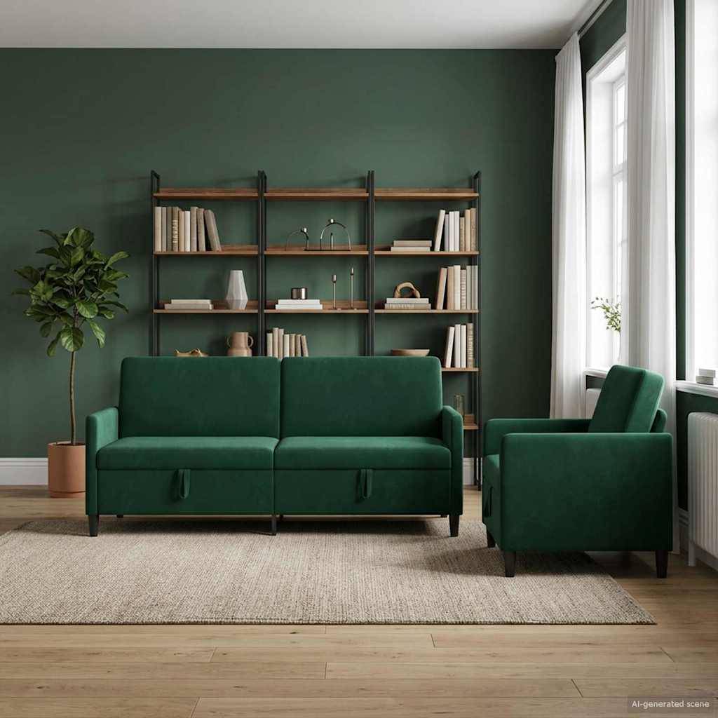 Grünes Sofa und Sessel in einem modernen Wohnzimmer mit dunkelgrüner Wand, Regalen, Pflanzen, Teppich und großen Fenstern.
