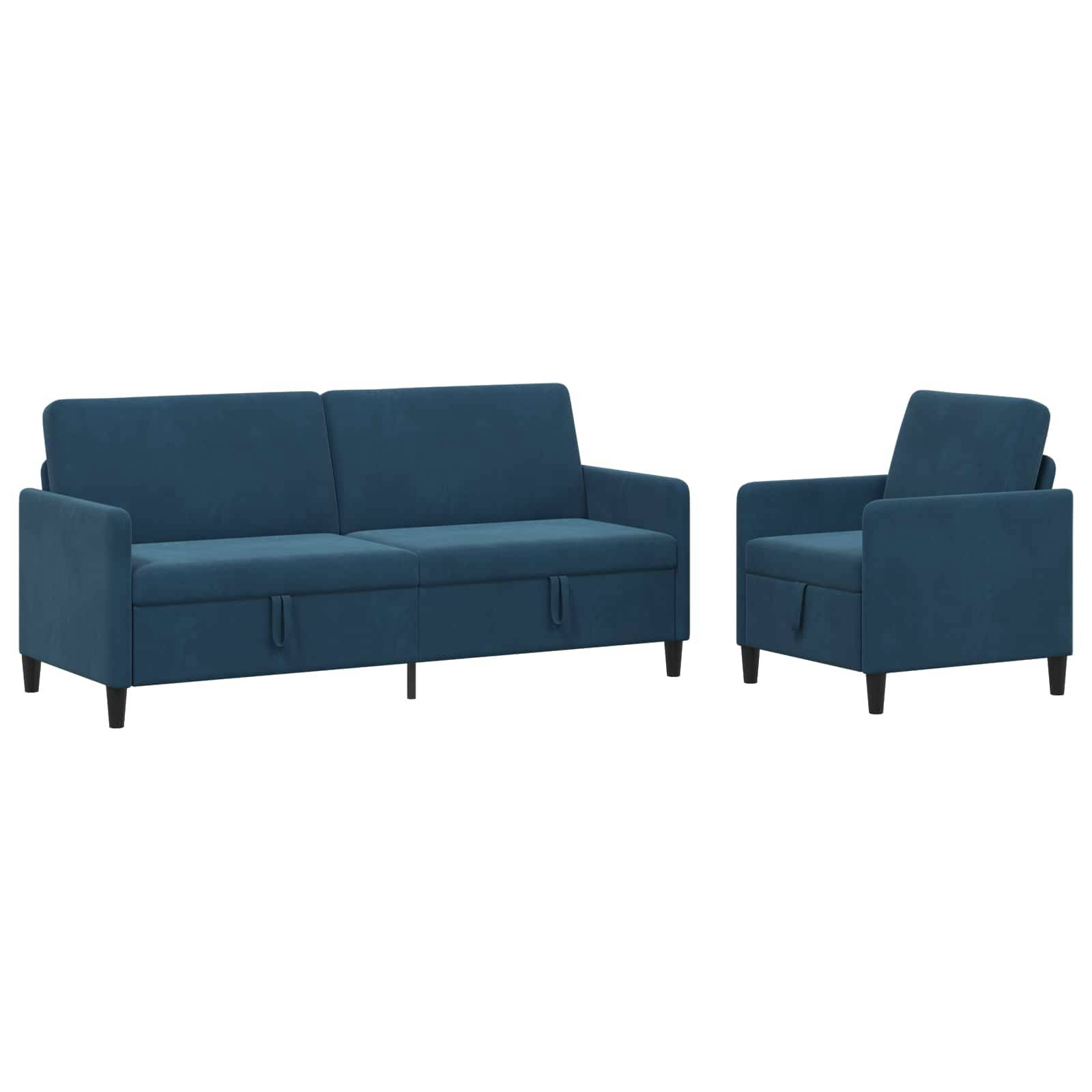 Blaues gepolstertes Sofa und passender Sessel auf weißem Hintergrund gezeigt.