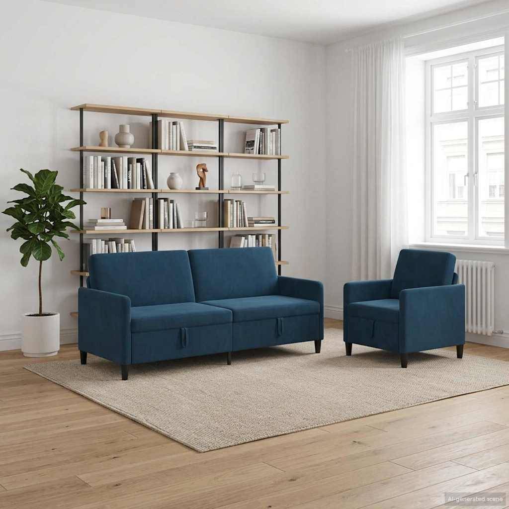 Minimalistisches Wohnzimmer mit blauem Sofa und Sessel, Bücherregal, Topfpflanze, beigem Teppich und hellem Fenster.
