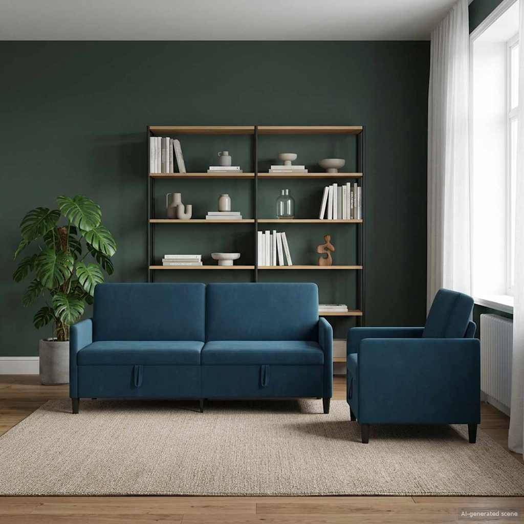 Modernes Wohnzimmer mit einem blauen Sofa und Sessel, dunkelgrüner Wand, Regalsystem, Topfpflanze und großem Fenster.