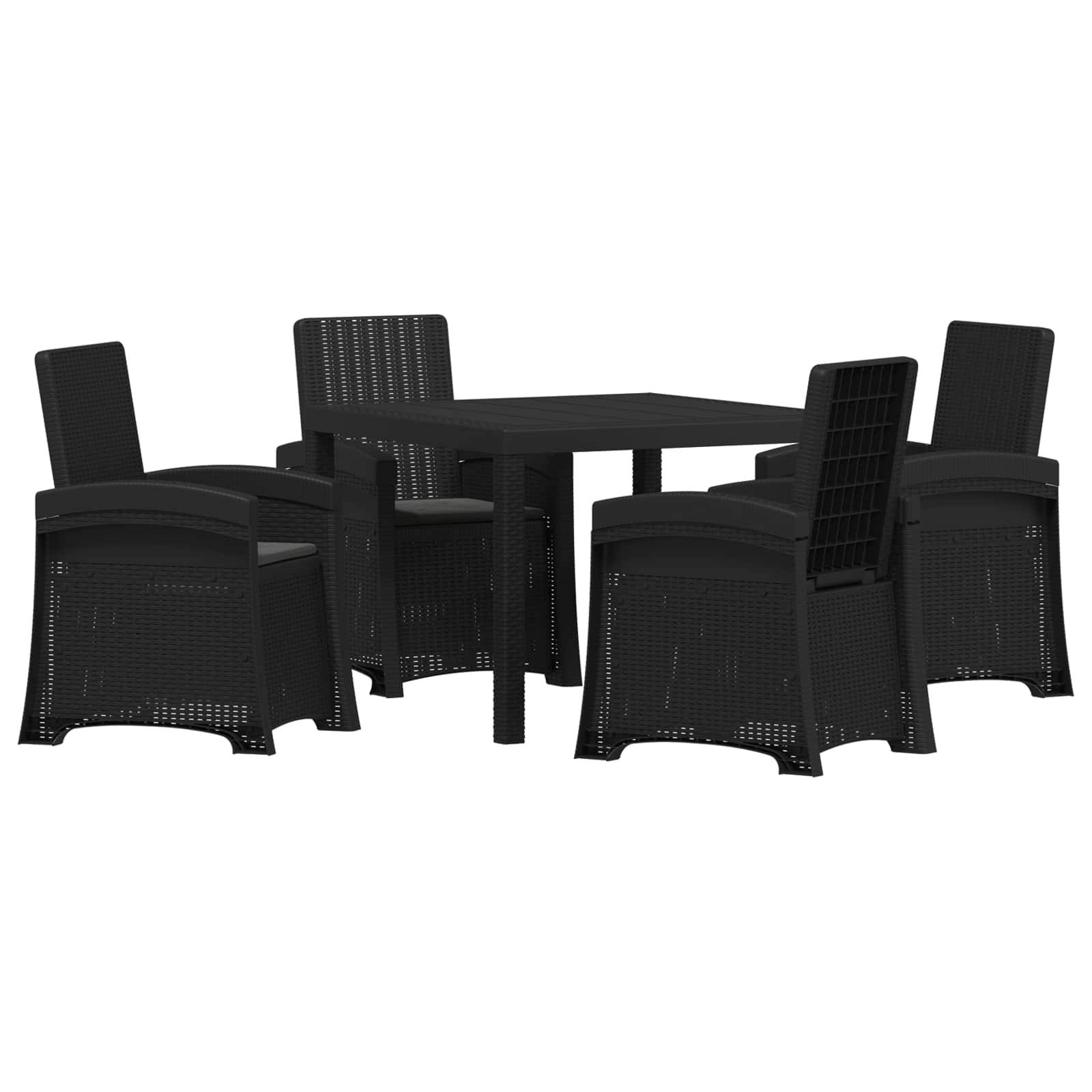 Schwarzes Gartenmöbelset mit rechteckigem Tisch und sechs passenden geflochtenen Stühlen auf weißem Hintergrund.