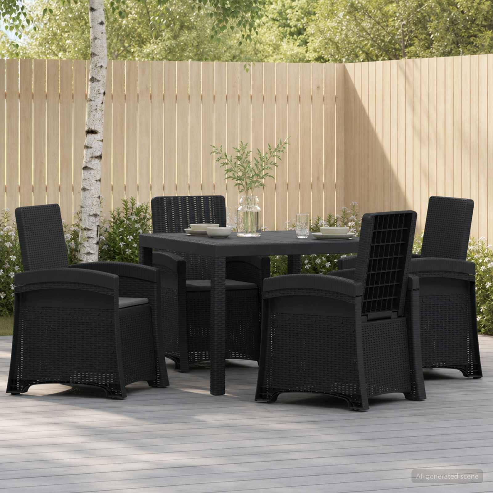 Schwarzes Gartenmöbel-Set mit sechs Stühlen um einen quadratischen Tisch auf einer Terrasse, mit Holzzaun und Bäumen im Hintergrund.
