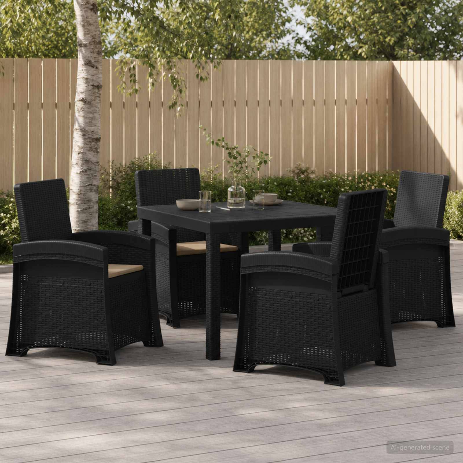 Gartenmöbel-Set für Terrasse mit vier schwarzen Korbestühlen um einen quadratischen schwarzen Tisch auf einem Holzdeck neben einem Zaun und einem Baum.