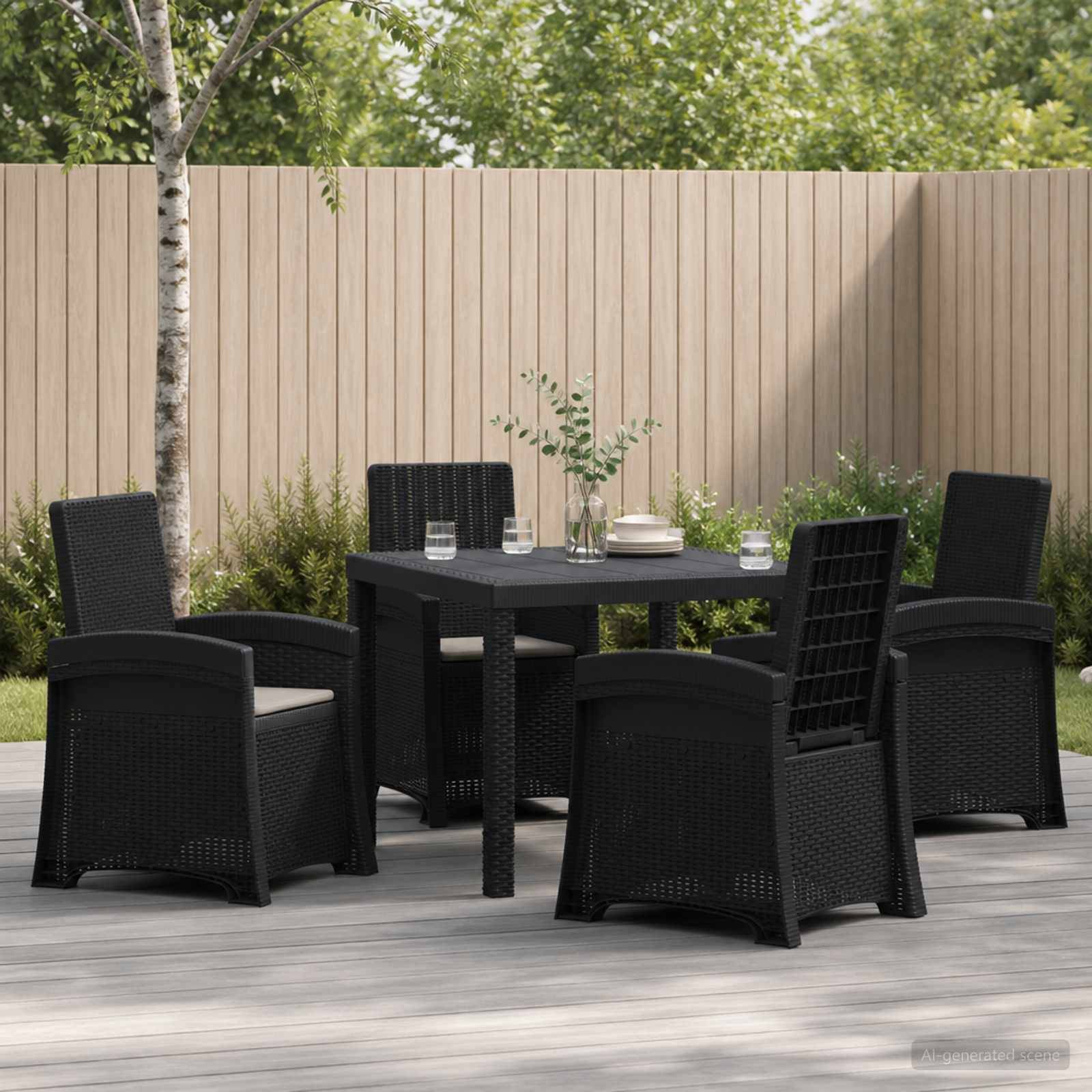 Schwarzes Gartenmöbel-Set mit vier Stühlen um einen quadratischen Tisch auf einer Terrasse, mit Gläsern und einer Vase in einer Gartenumgebung.