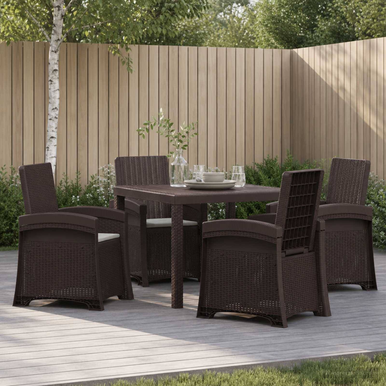 Außen-Terrassenesstisch mit vier Korbstühlen um einen quadratischen Tisch, aufgestellt auf einem Holzbelag neben einem Sichtschutzzaun und Grünflächen.