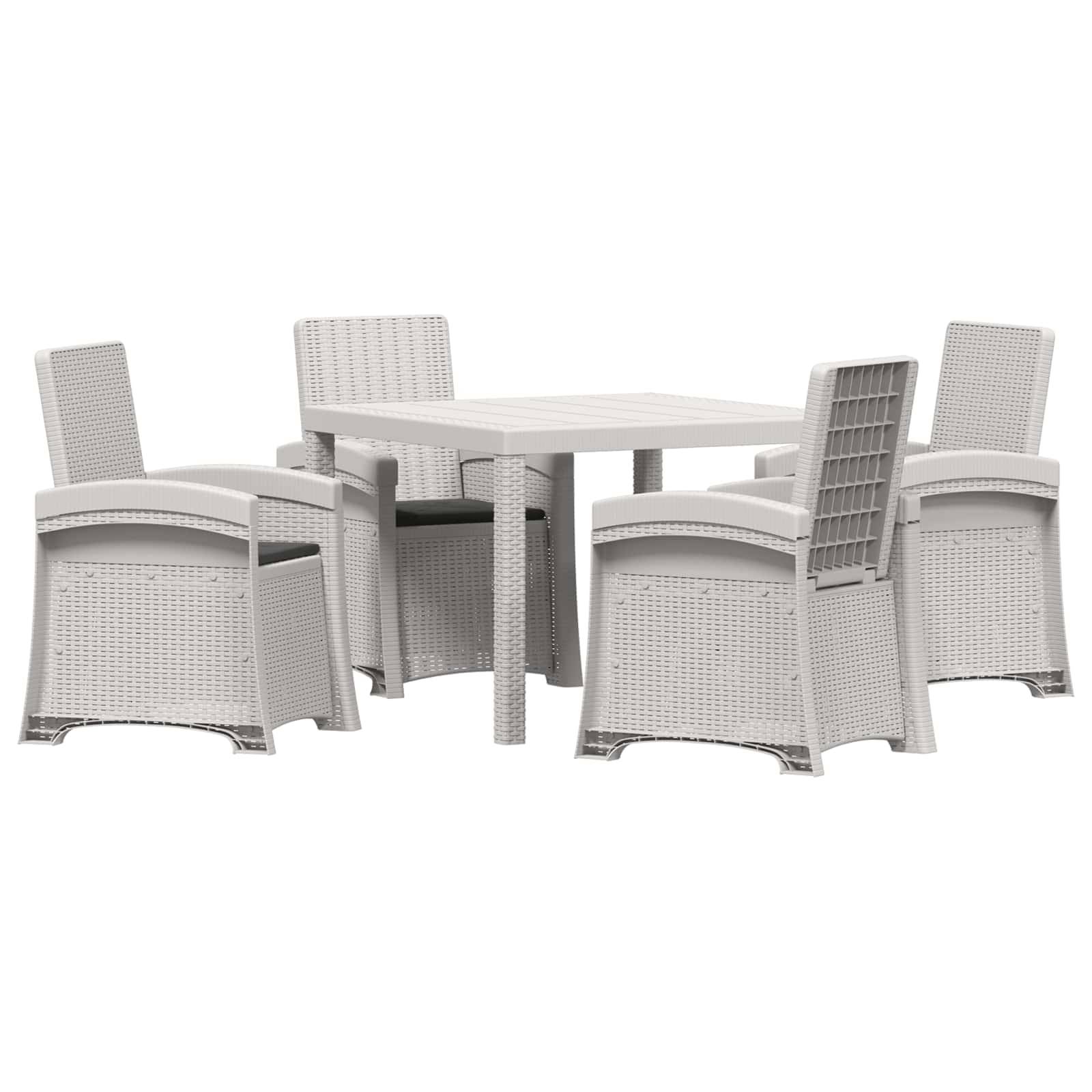 Weißes Gartenmöbel-Set mit quadratischem Tisch und vier geflochtenen Stühlen auf neutralem Hintergrund.