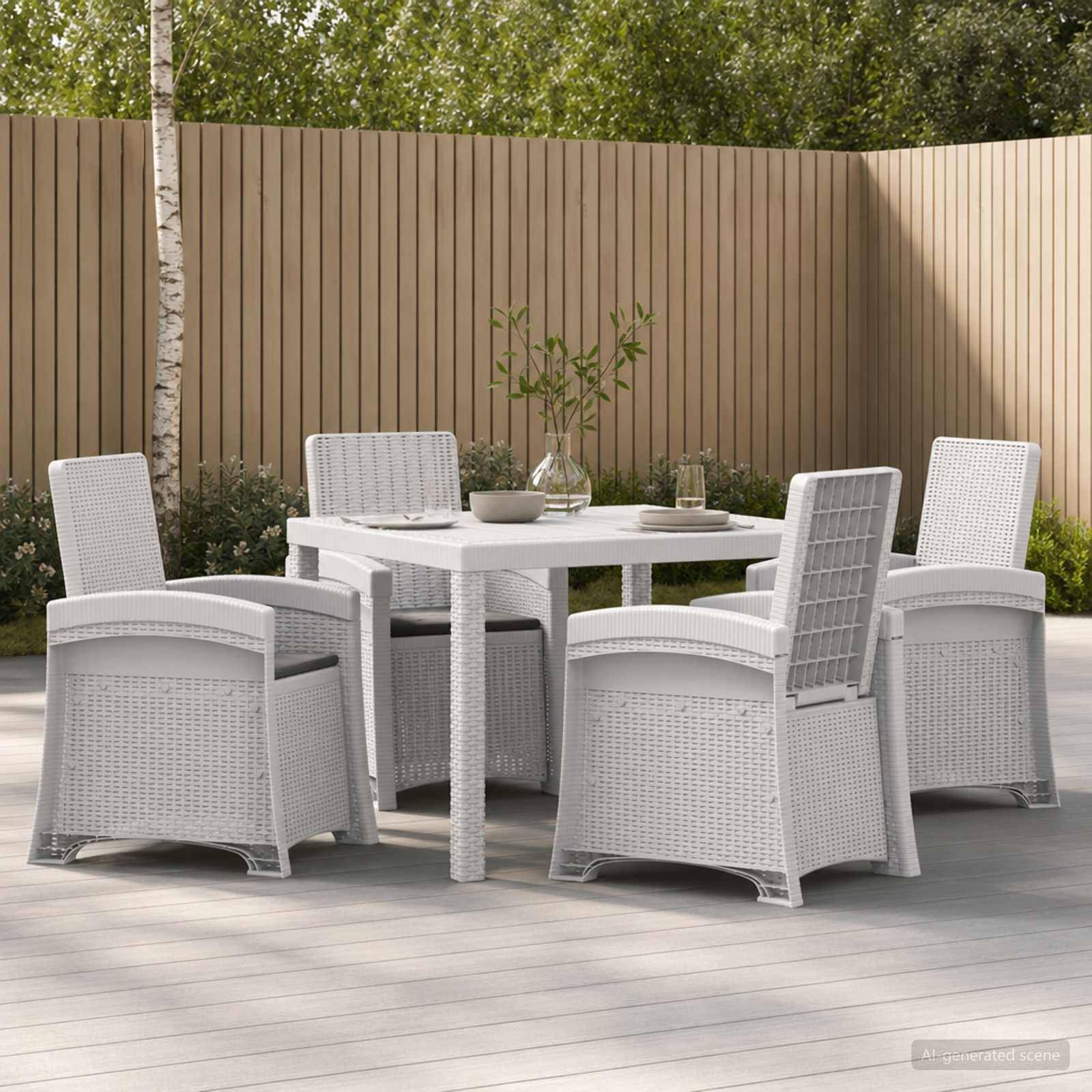 Vier weiße geflochtene Terrassenstühle um einen runden weißen Außenesstisch auf einer hellen Terrasse, mit einem Holzprivatsichtschutz und Bäumen im Hintergrund.