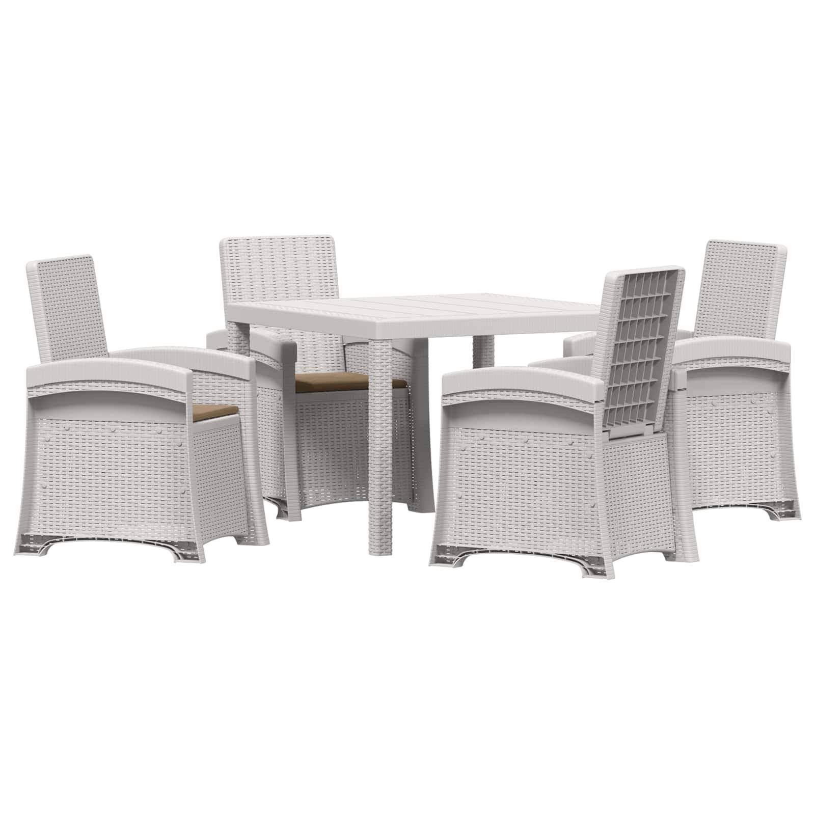 Weiß geflochtenes Outdoor-Esszimmer-Set mit einem rechteckigen Tisch und vier passenden Stühlen auf einfachem Hintergrund.