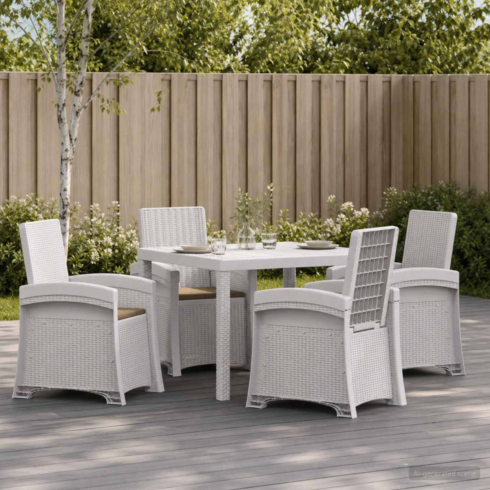 Esszimmer-Set für die Terrasse im Freien mit vier weißen geflochtenen Sesseln um einen quadratischen Tisch auf einer Holzterrasse, mit Zaun und Bäumen im Hintergrund.
