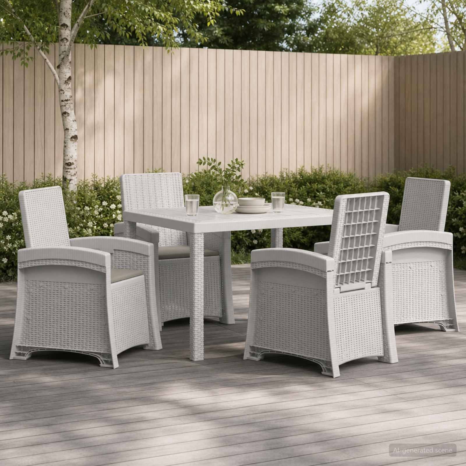 Vier weiße Rattankorbstühle umgeben einen passenden quadratischen Esstisch auf einer Holzterrasse in einem eingezäunten Hinterhof.