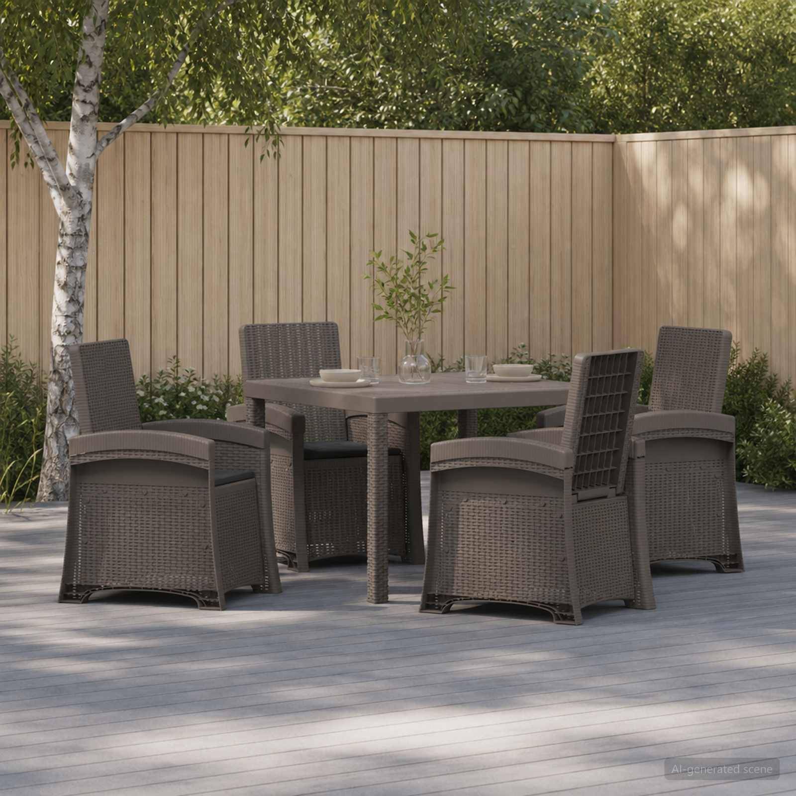 Gartenbesteck für den Außenbereich mit vier Korbsesseln um einen quadratischen Tisch, aufgestellt auf einer Holzterrasse neben einem Sichtschutzzaun und Grünanlagen.
