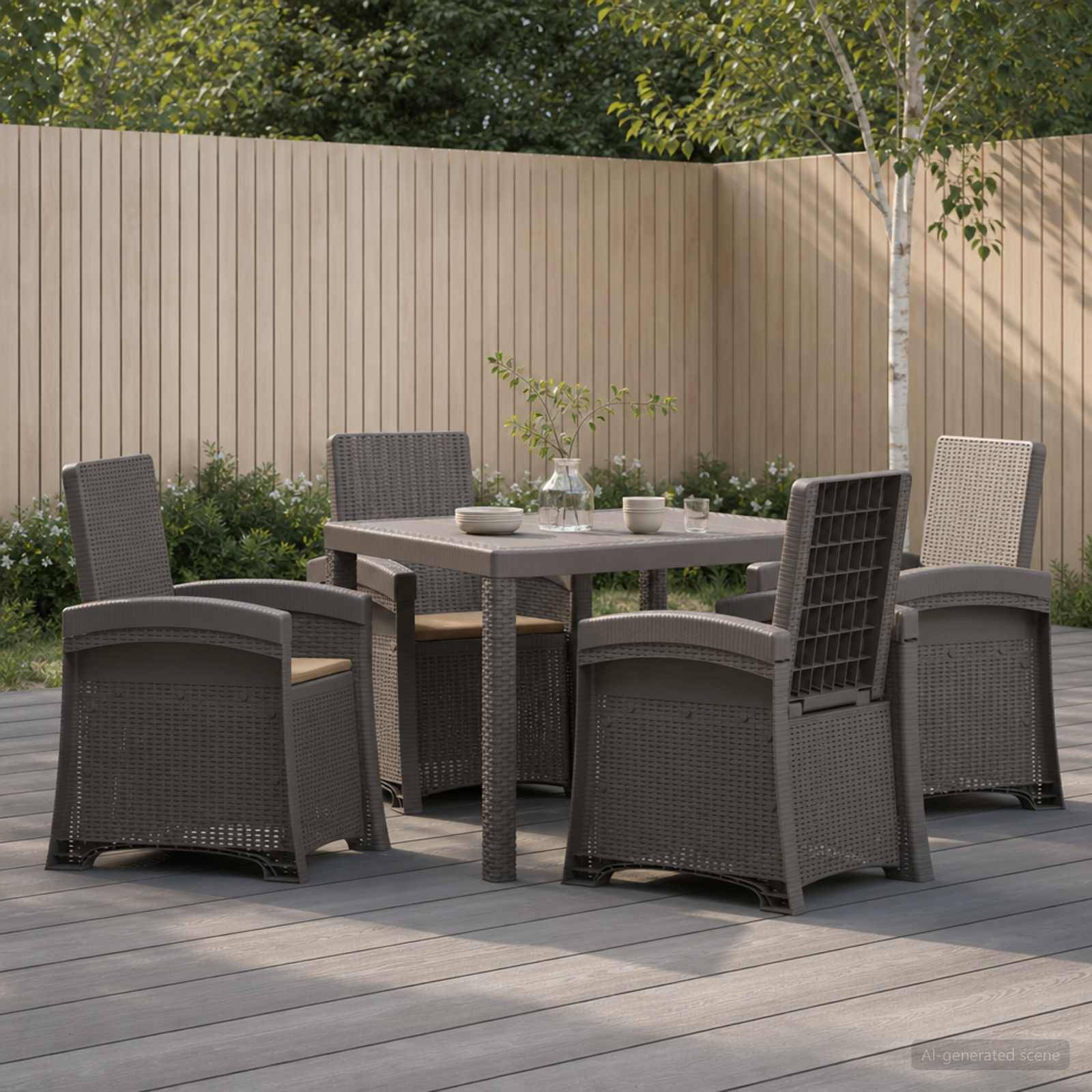 Esszimmer-Set für die Terrasse im Freien mit vier geflochtenen Stühlen um einen quadratischen Tisch auf einer Holzterrasse, vor einem Sichtschutzzaun und Begrünung.