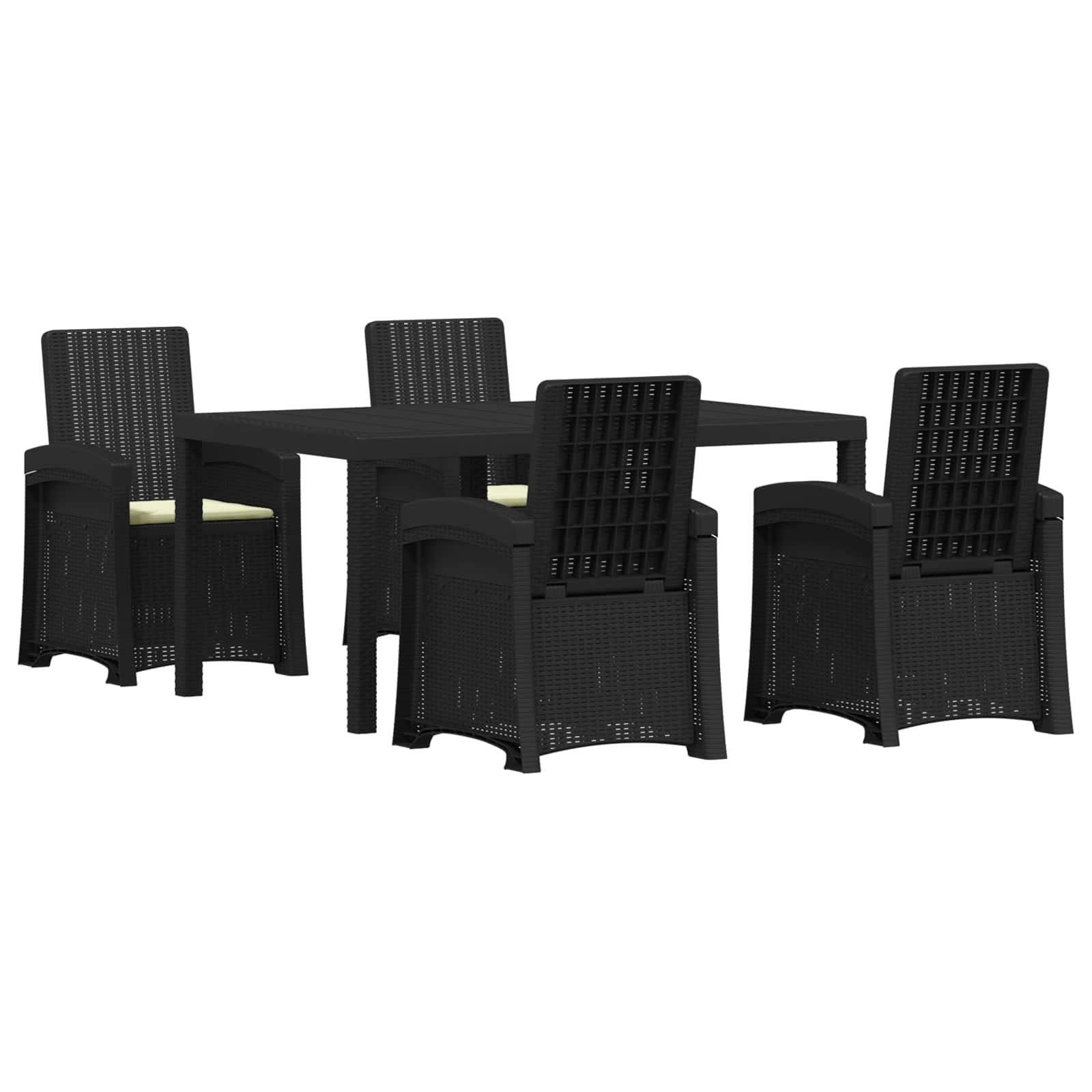 Schwarzes Esszimmer-Set für den Außenbereich mit rechteckigem Tisch und vier passenden geflochtenen Stühlen auf weißem Hintergrund.