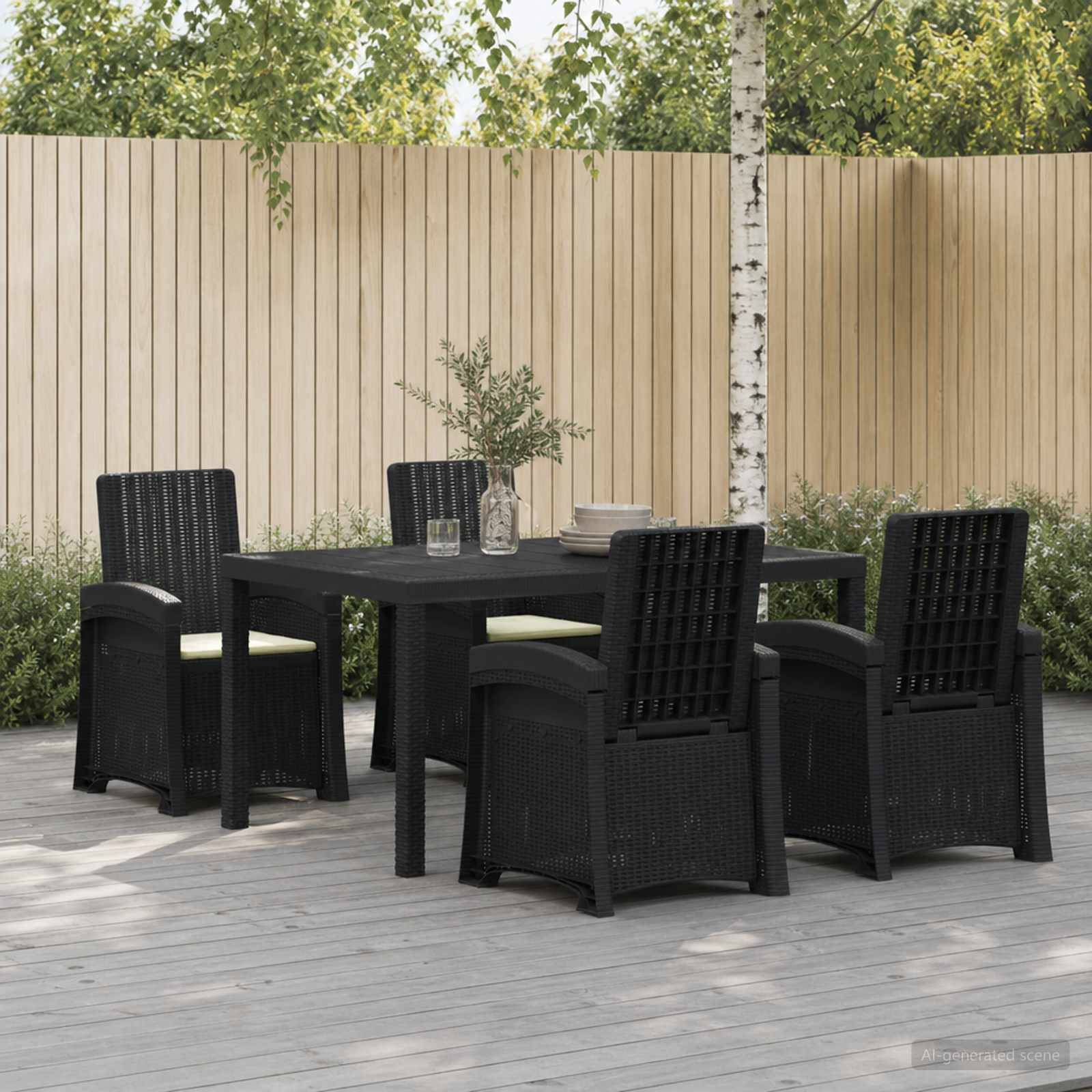 Esszimmergarnitur für die Terrasse im Freien mit schwarzem Polyrattan-Tisch und vier Stühlen auf einer Holzterrasse, neben einem Sichtschutzzaun und Bäumen.