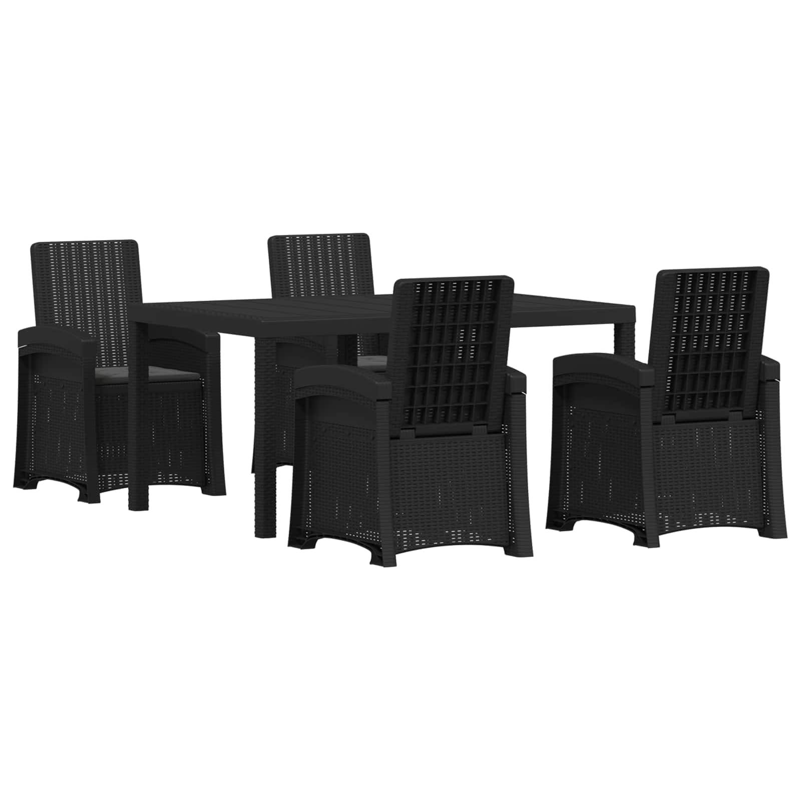 Schwarzes Außen-Esszimmer-Set mit einem rechteckigen Tisch und vier Stühlen im Flechtstil auf weißem Hintergrund.