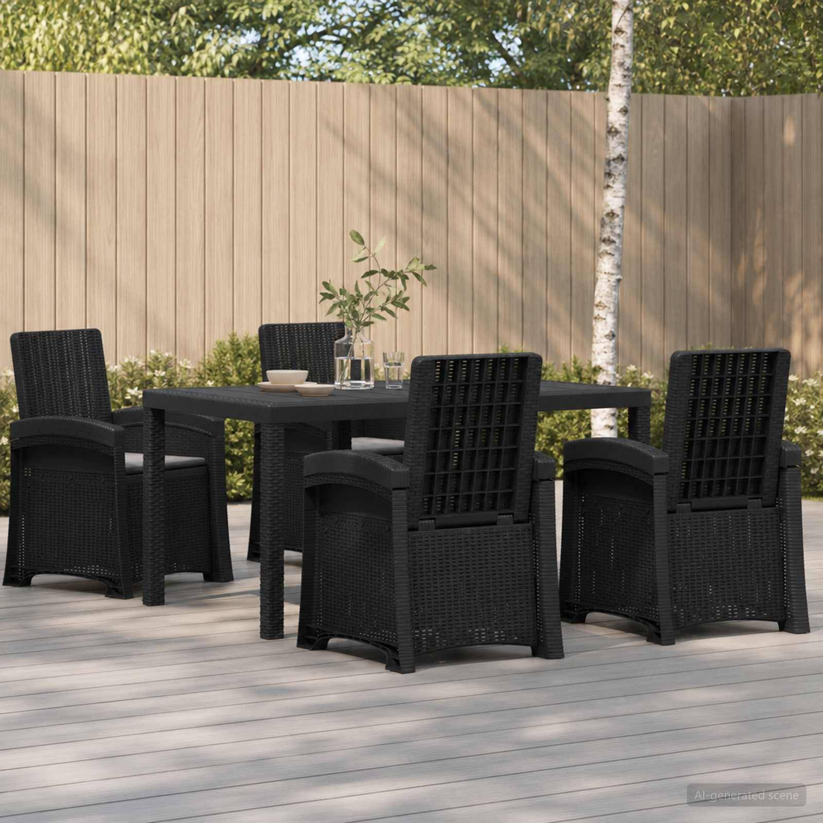 Gartenset für die Terrasse mit vier schwarzen Korbstühlen um einen quadratischen Tisch auf einer Holzterrasse neben einem Sichtschutzzaun und Bäumen.