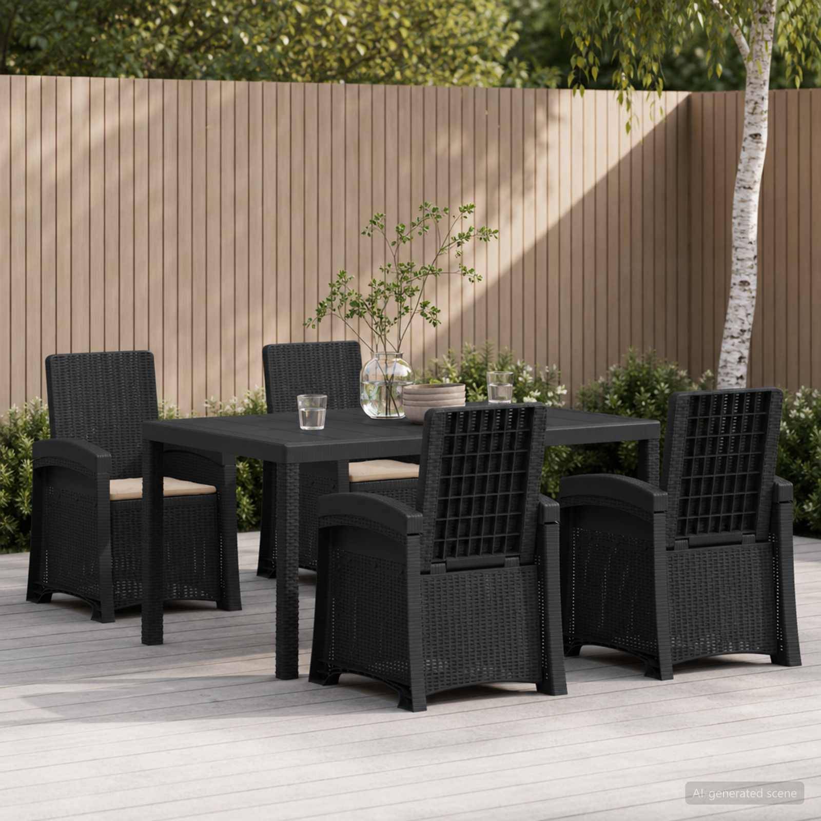 Schwarze Außengarnitur mit vier geflochtenen Stühlen um einen quadratischen Tisch auf einer Terrasse, mit einem Holzzaun und Grünflächenbestanden im Hintergrund.