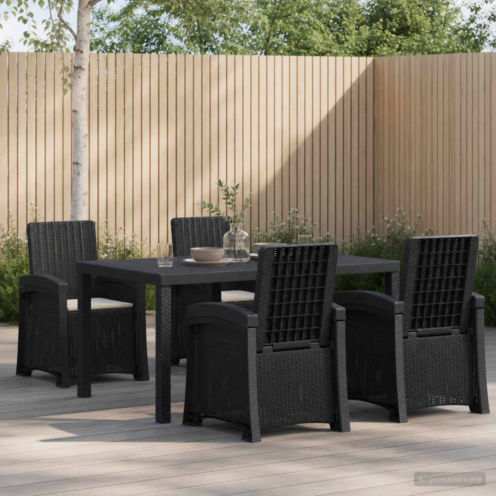 Essbereich im Freien mit schwarzem Tisch und vier Stühlen auf einer Holzterrasse, vor einem hohen Lattenzaun und Grünflächen.