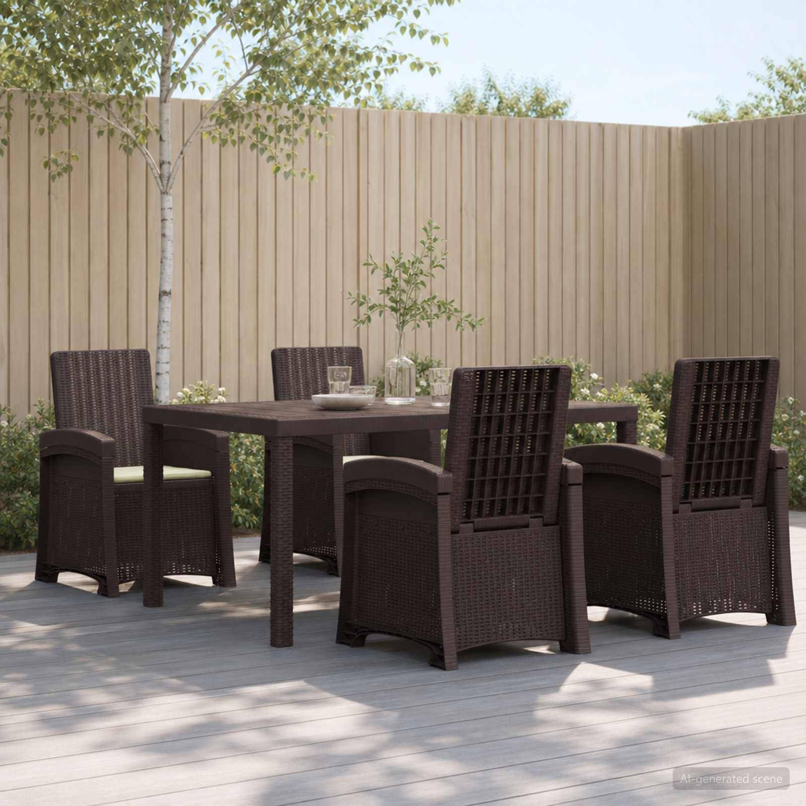 Esszimmer-Set für die Terrasse im Freien mit quadratischem Tisch und sechs dunklen Korbstühlen auf einer Veranda neben einem Holz-Sichtschutzzaun und einem Baum.
